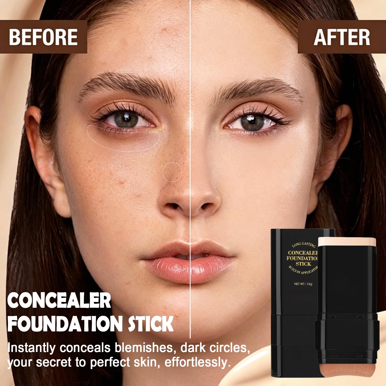 Foundation Stick, 2 in 1 Dual-Ended Long-Lasting Concealer Korean Foundation Contour Stick, Waterproof Contouring foundation with Brush, Full Coverage Matte Finish for Face Makeup(05#DEEP WHEAT COLOR)