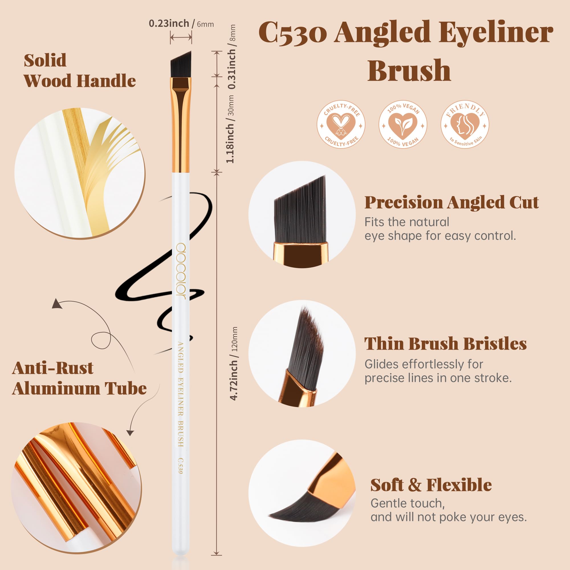 docolor 5Pcs Eyeliner Brush Set – Angled Eyeliner Brush, Ultra Thin Fine Point & Flat Slanted Brushes, Wooden Handle Premium Cruelty Free Synthetic Bristles for Gel, Powder, Cream Eye Makeup