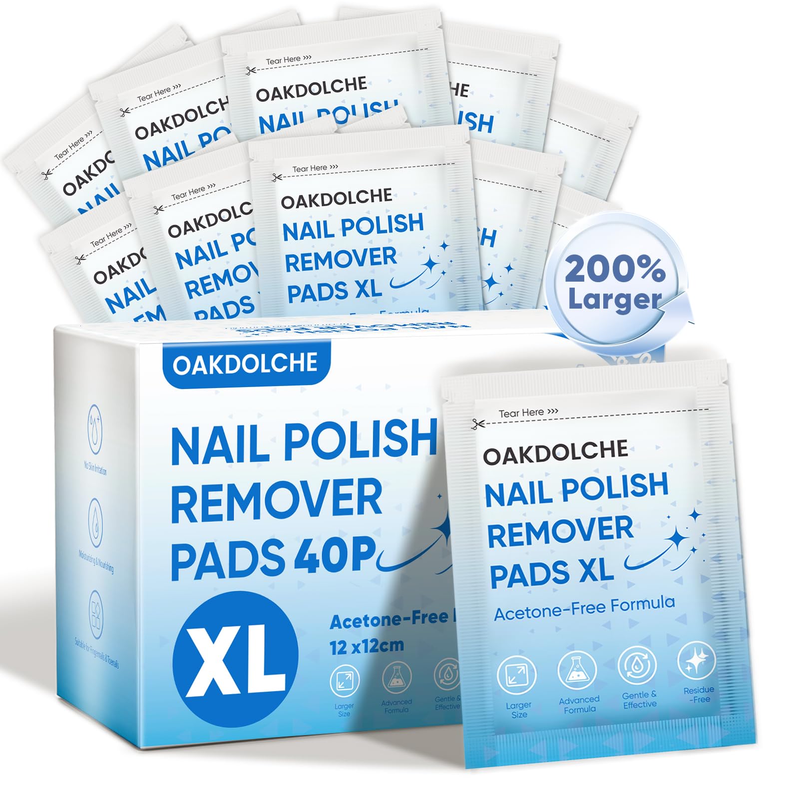OAKDOLCHE Extra Large Nail Polish Remover Pads(12×12cm), Acetone-free Nail Polish Remover Wipes, Easily & Quickly, Professional Individually Wrapped Wet Wipes for Home & Salon Supplies, 40 PCS
