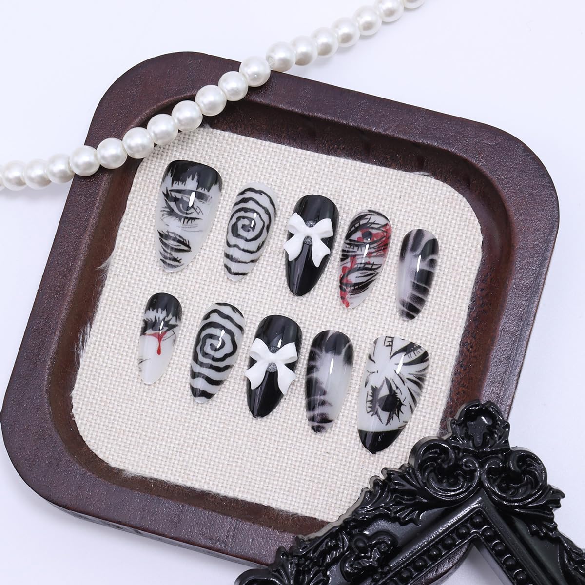 30Pcs Gothic Press on Nails Medium Almond Fake Nails Punk Cartoon Anime with Cute Bow Design Black White Full Cover Glue on Nails Horror Goth Designs Y2k False Nails for Women Acrylic Manicure Decor