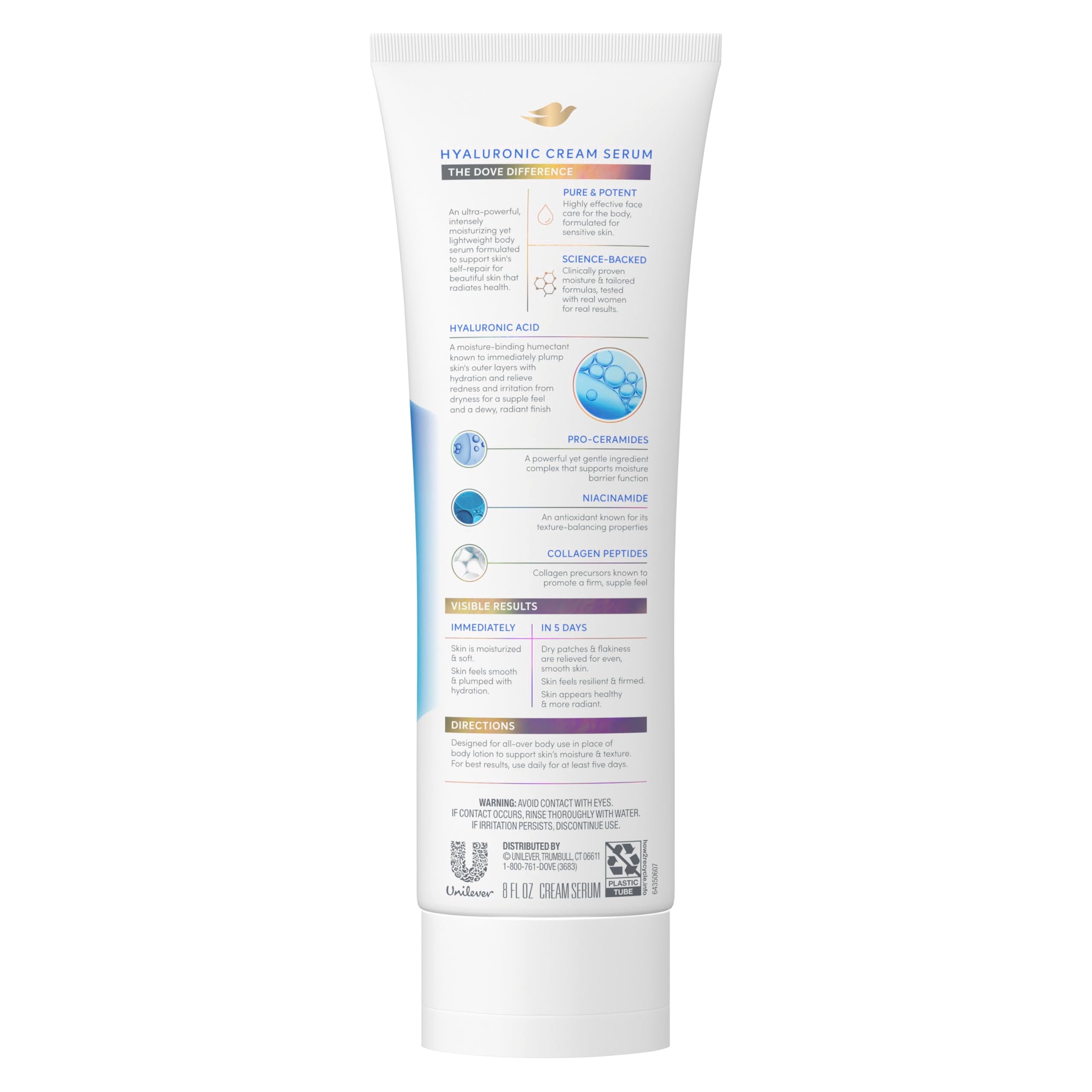 Dove Cream Serum Hyaluronic + Hydration for Extra Dry, Flaky Skin, with Pro-Ceramides, Niacinamide and Collagen Peptides Lotion, 8 oz
