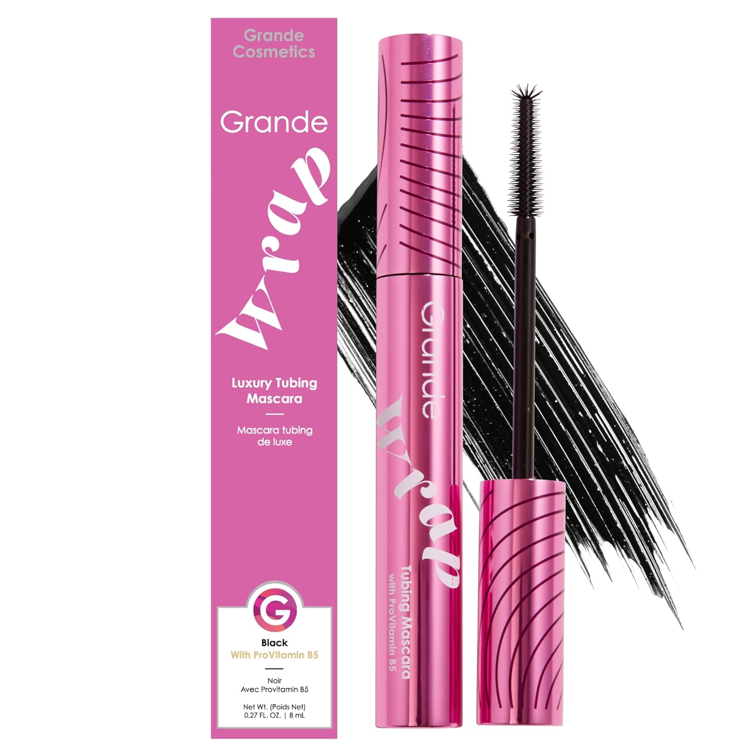Grande Cosmetics GrandeWRAP Tubing Mascara - for Buildable Volume & Length, Lifts, Curls & Separates Lashes, Anti-Smudge, Lightweight, Clump & Flake-Free, All Day Wear, ProVitamin B5 Infused - Black