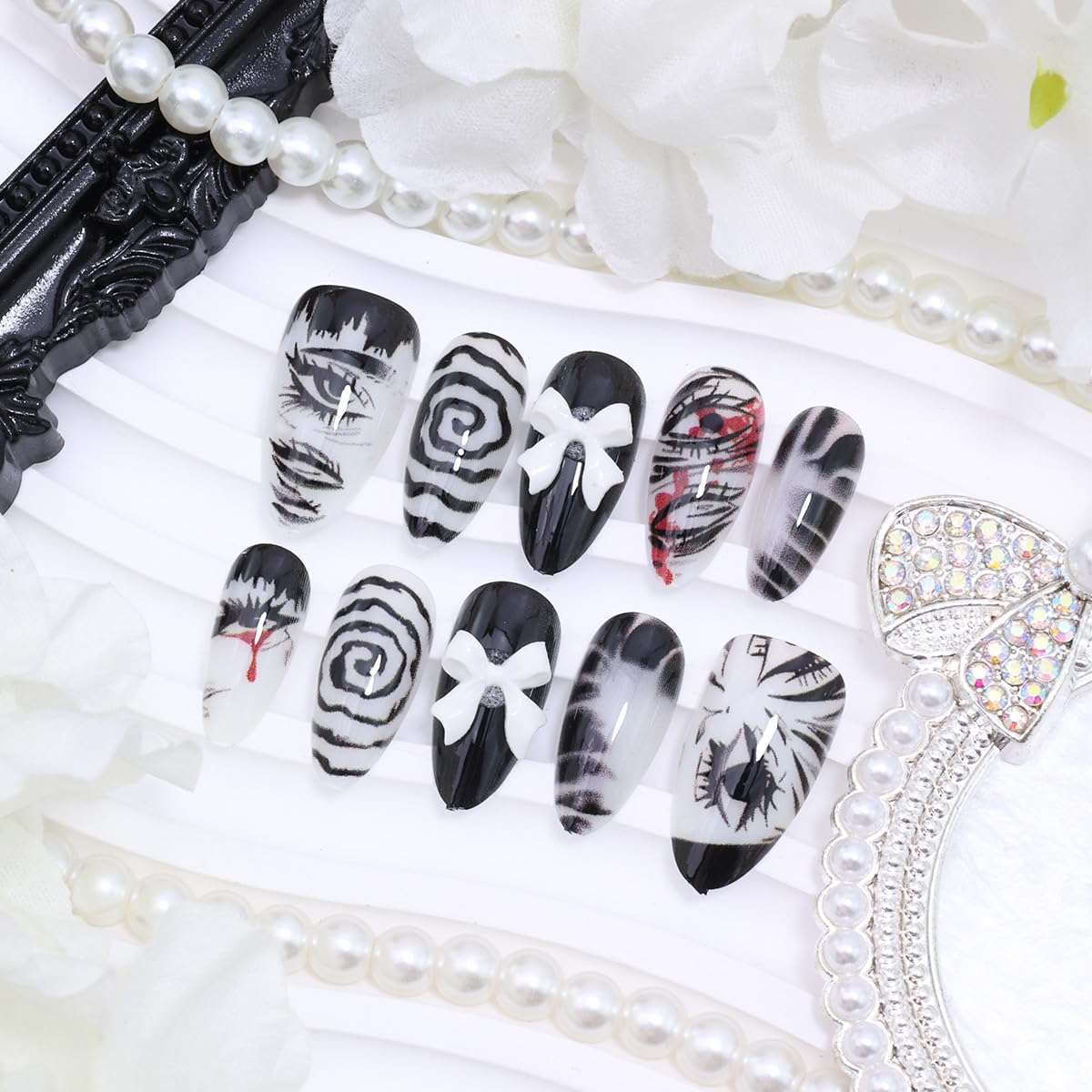 30Pcs Gothic Press on Nails Medium Almond Fake Nails Punk Cartoon Anime with Cute Bow Design Black White Full Cover Glue on Nails Horror Goth Designs Y2k False Nails for Women Acrylic Manicure Decor