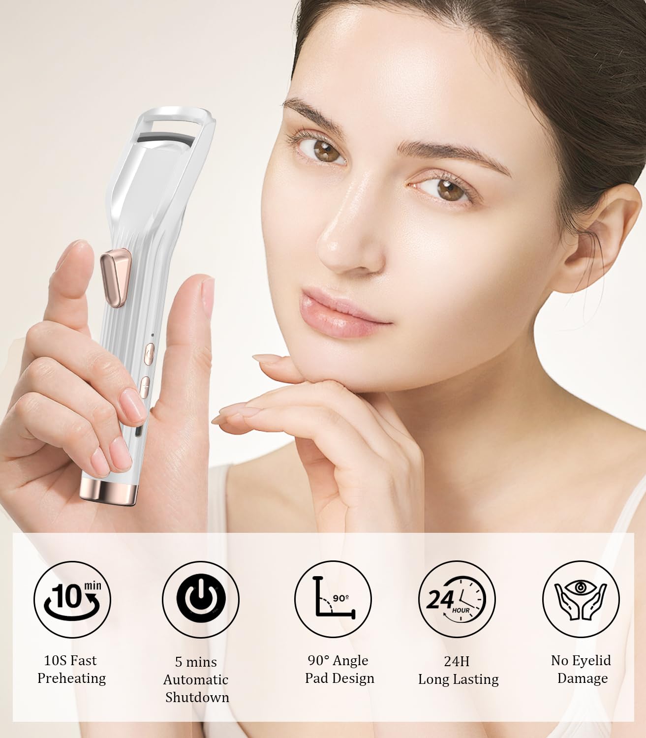 Heated Eyelash Curler Premium PRO - Fast Heat up in 8s - 24 Hours Long Lasting - Rechargeable Electric Eyelash Curler with Type-C, Innovative L Silicone, 2 Heat Modes, Anti-Burn Eyelid, White-HB
