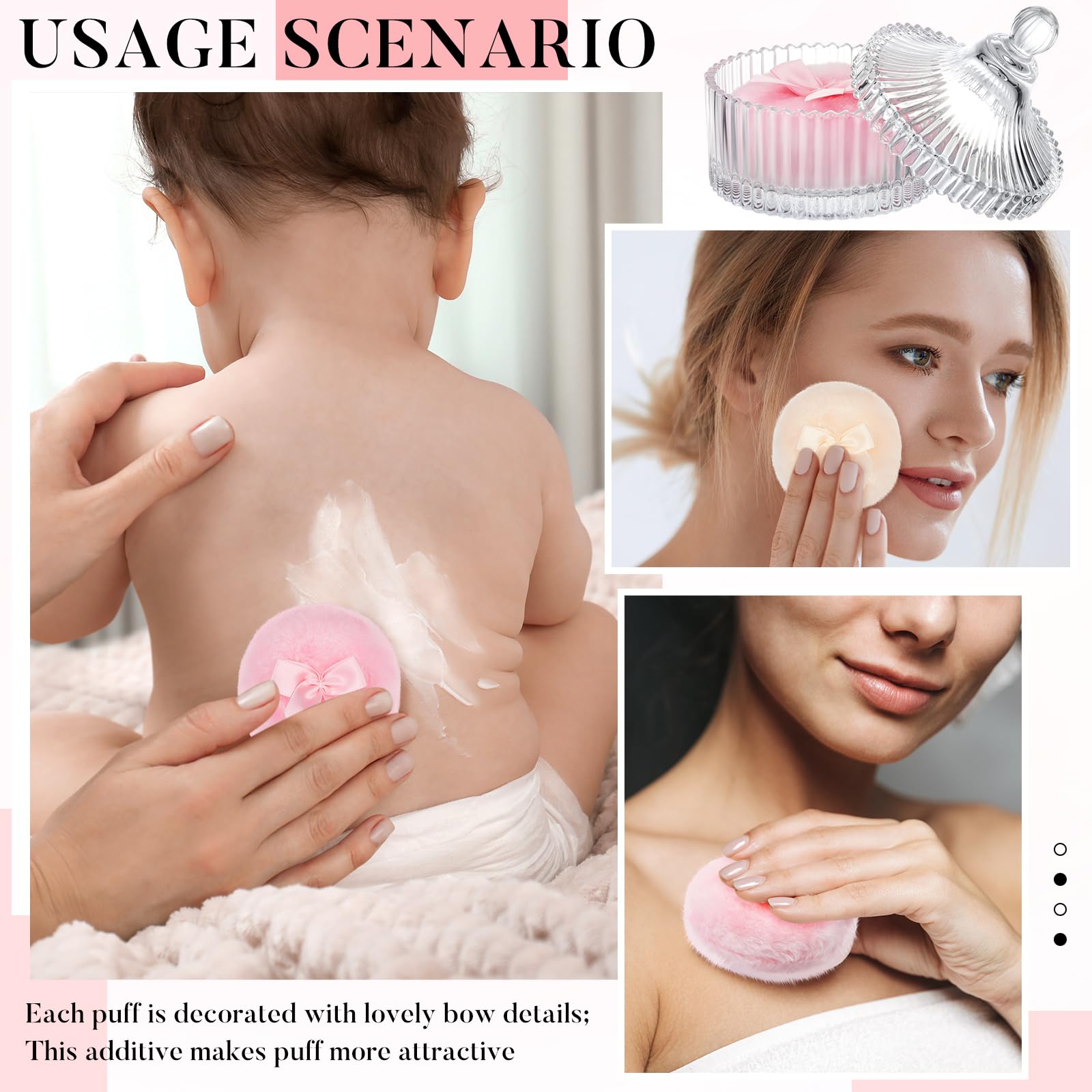 Tioncy 3 Pcs Large Body Powder Puff and Container Valentine's Day gift Powder Container with Puff Crystal Case Soft Washable Reusable Velour Face Body Glitter Wet Dry Makeup (Classic,Clear)
