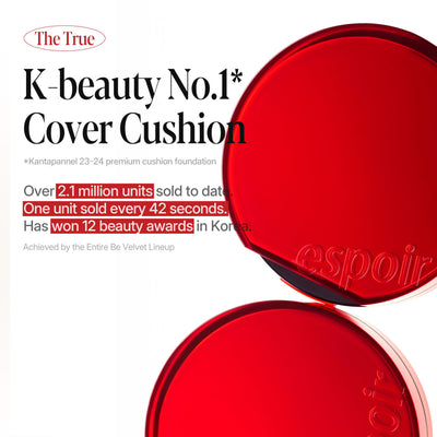 Espoir Be Velvet Cushion Foundation #22 Petal | Quick and Easy Coverage with Long-lasting Color by Zero Oxidation, Velvety Smooth Finish & Lightweight Formula, Vegan, Korean Makeup, 0.46 oz