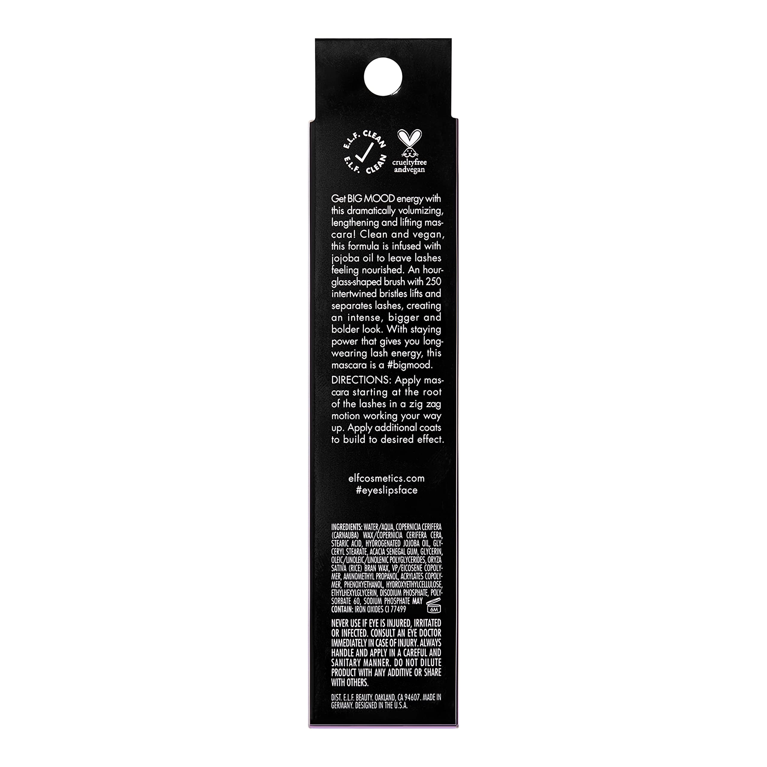 e.l.f. Big Mood Mascara, Instantly Creates Long-Lasting, Bold & Lifted, Voluminous Lashes, Infused with Jojoba Wax, Black, 0.30 fl Oz