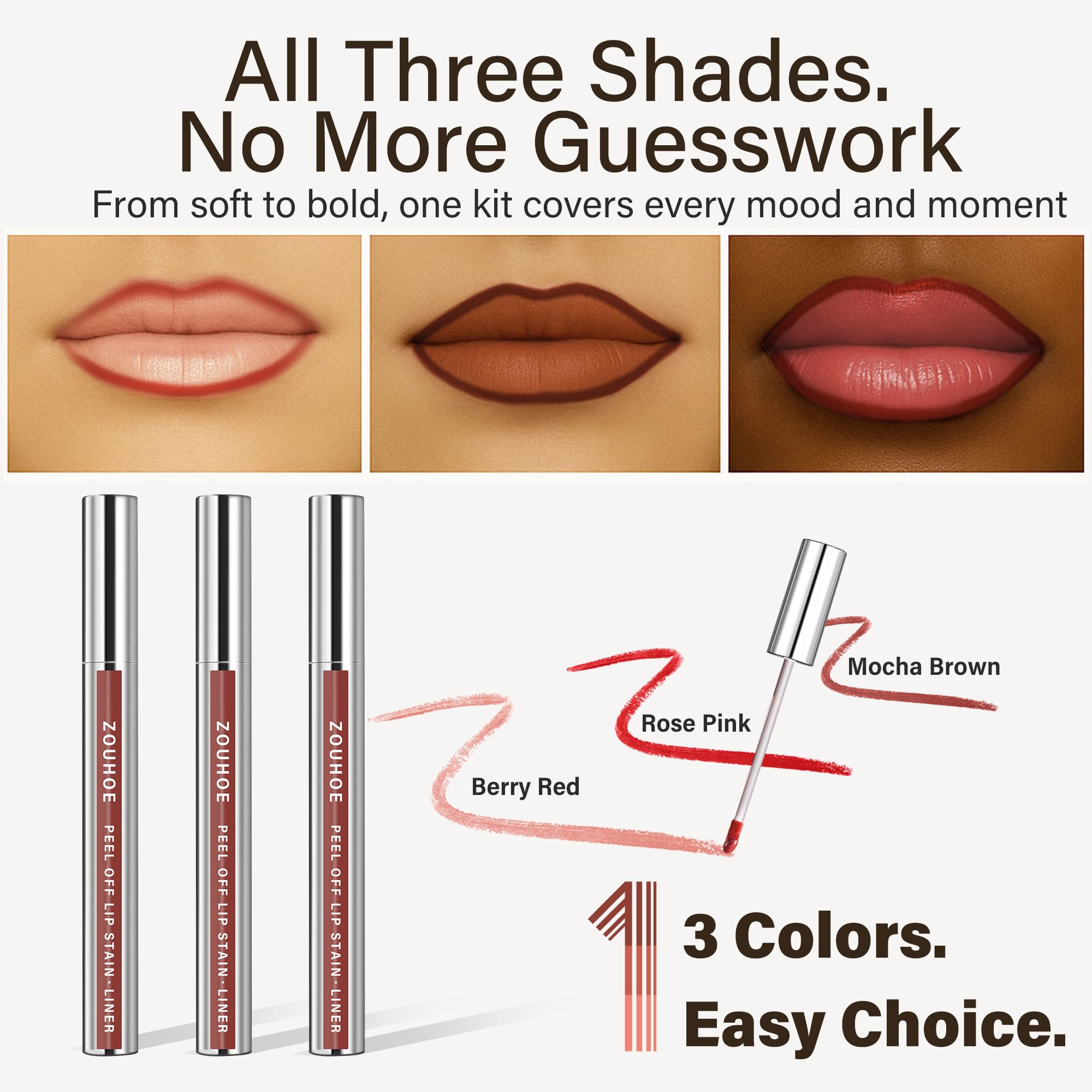 ZOUHOE Peel Off Lip Stain Set – 3 Colors Long Lasting Lip Tint, Smudge-Proof, Transfer-Proof, Kiss-Proof, Vegan Lip Makeup Gift for Her