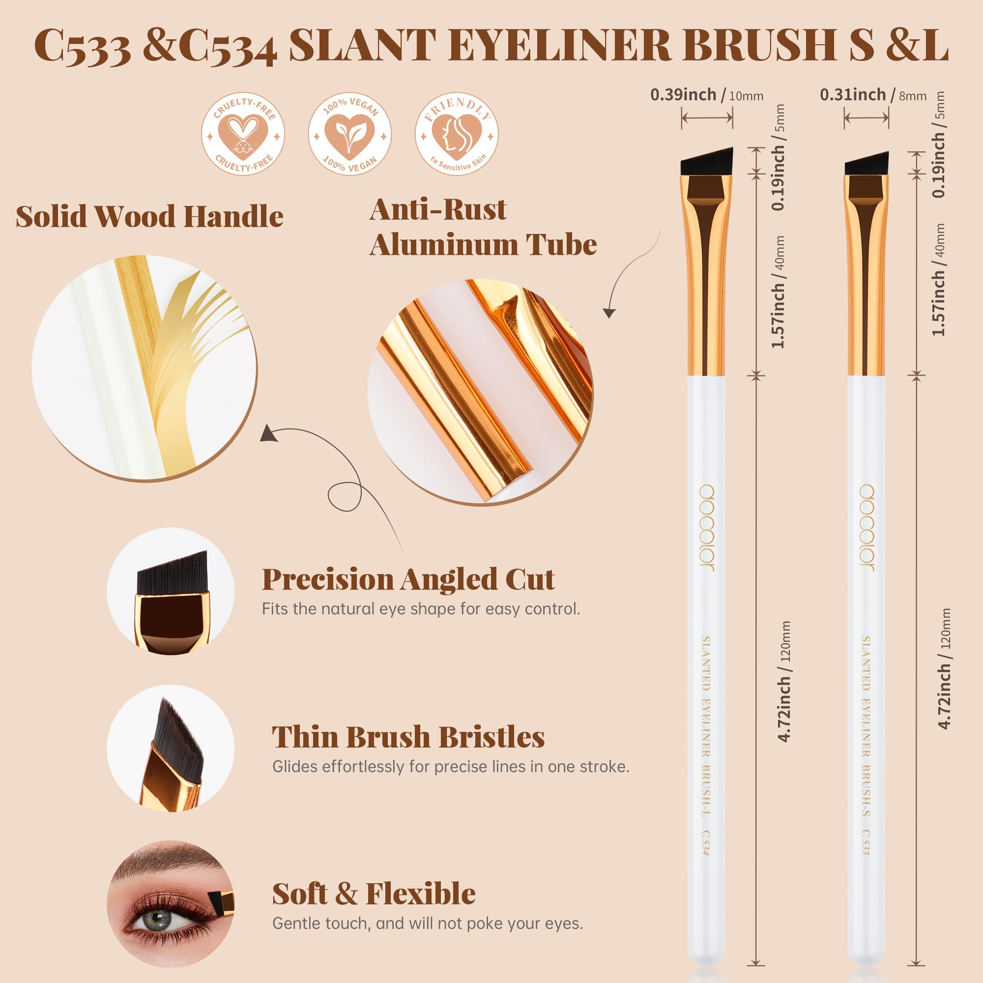 docolor 5Pcs Eyeliner Brush Set – Angled Eyeliner Brush, Ultra Thin Fine Point & Flat Slanted Brushes, Wooden Handle Premium Cruelty Free Synthetic Bristles for Gel, Powder, Cream Eye Makeup