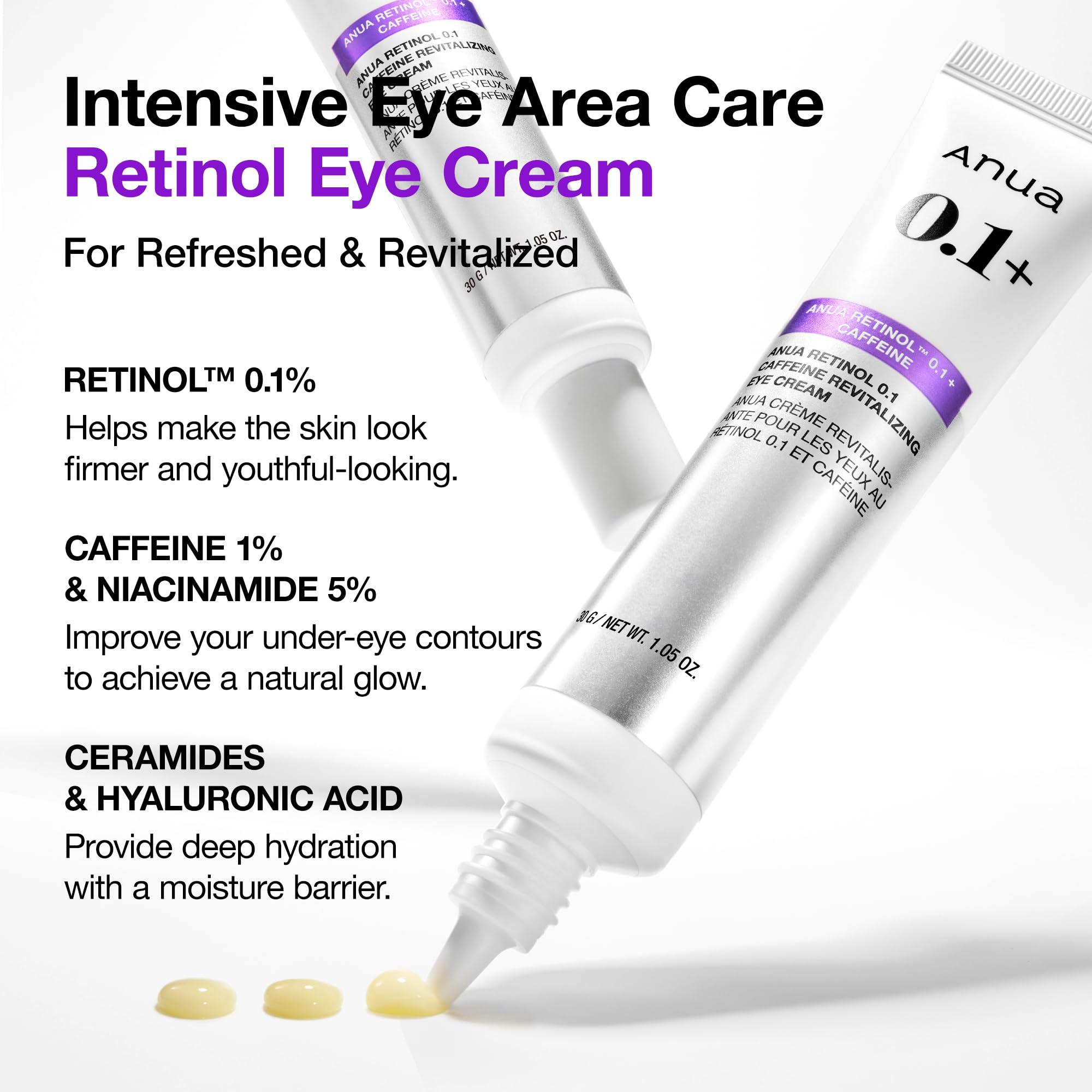 Anua Retinol 0.1 Caffeine Revitalizing Eye Cream, Lightweight Formula for Dark Circles & Puffiness, Hydrating for Sensitive Skin, Korean Skincare,1.05 fl oz