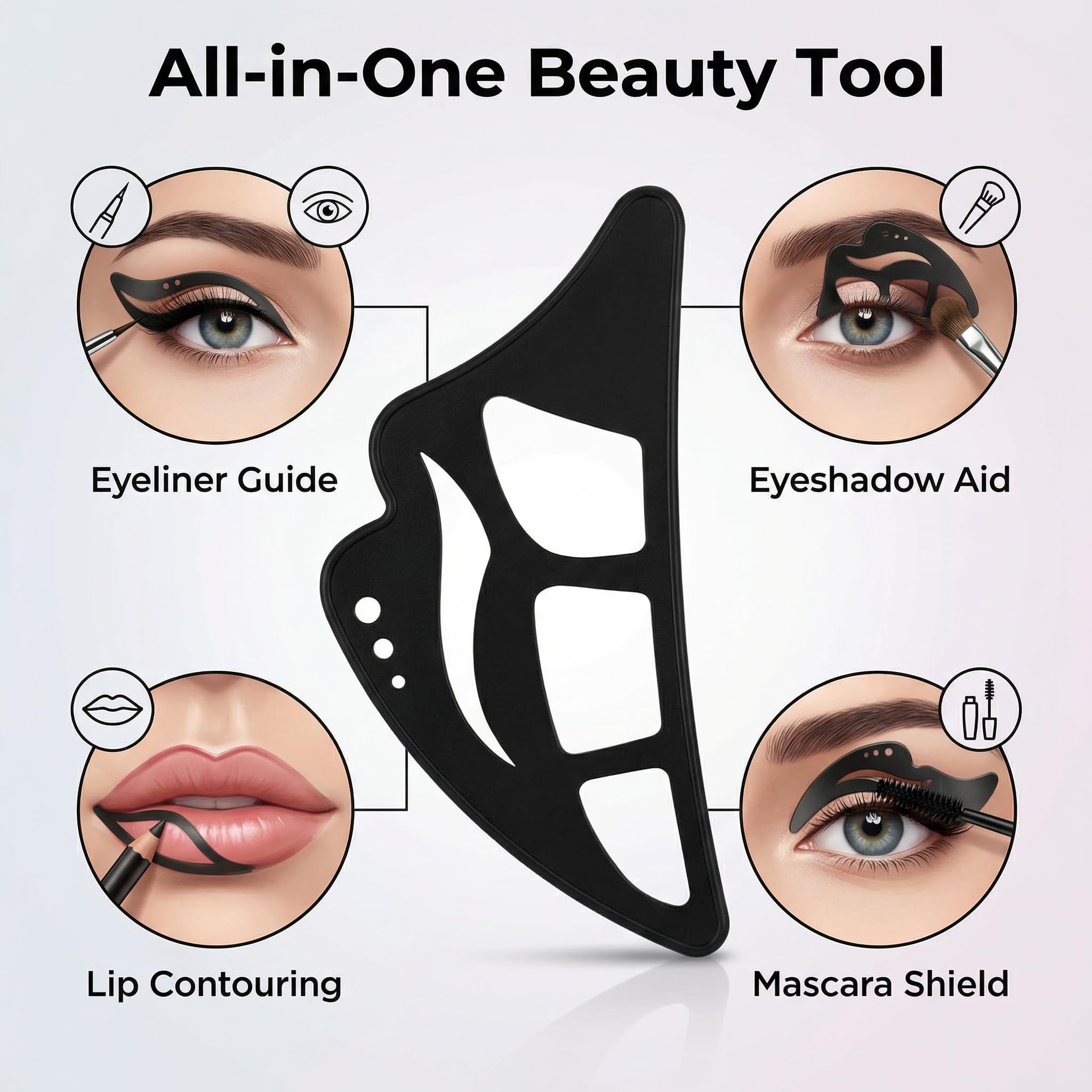 All-in-One Silicone Makeup Stencil Tool, Black, Eyeliner Guide, Eyeshadow Aid, Mascara Shield, Lip Contouring