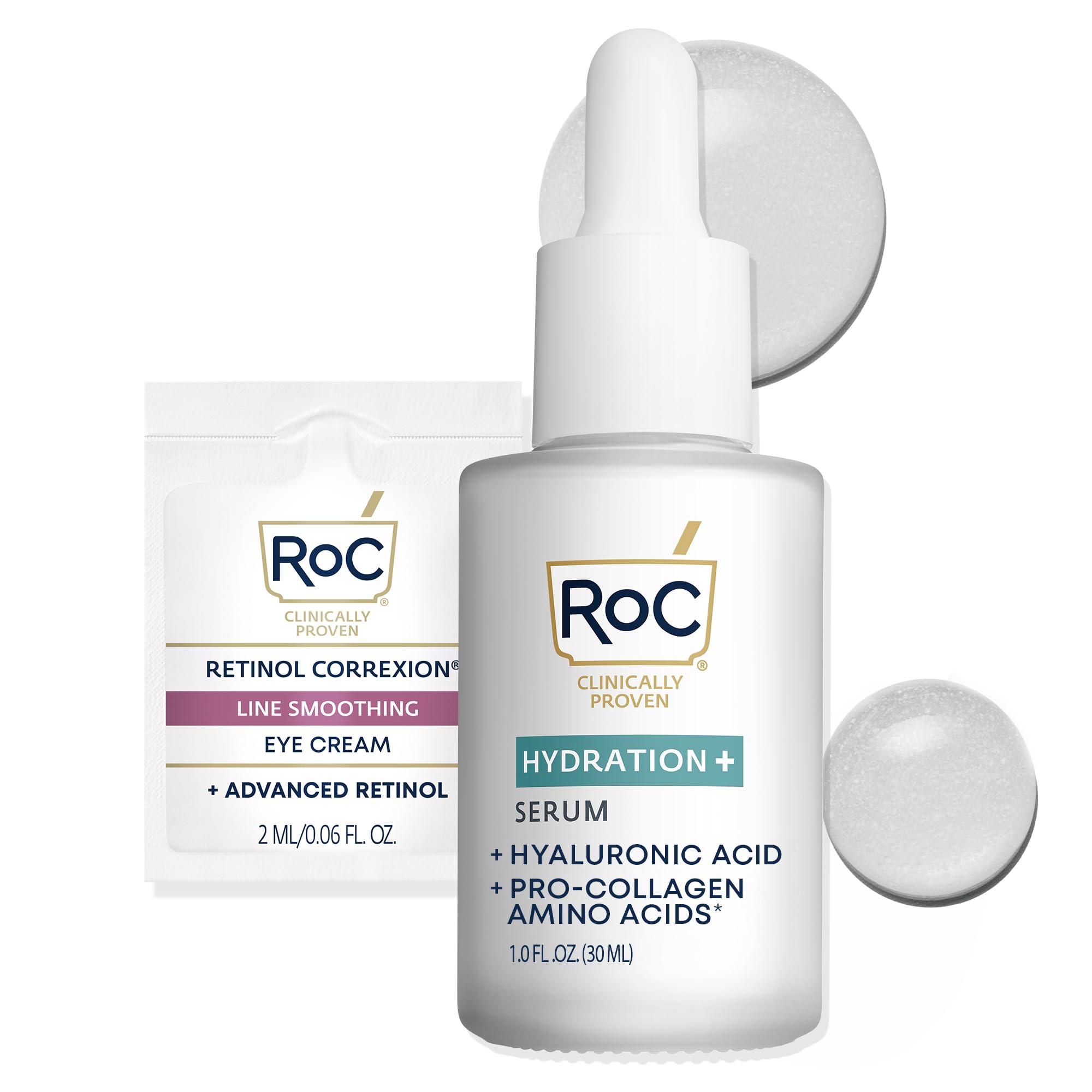 RoC Hydration+ Hyaluronic Acid Serum for Face, Hydrating, Plumping, Fragrance Free, Lightweight Formula with Collagen Proteins (1 Ounce) with Retinol Eye Cream Packette