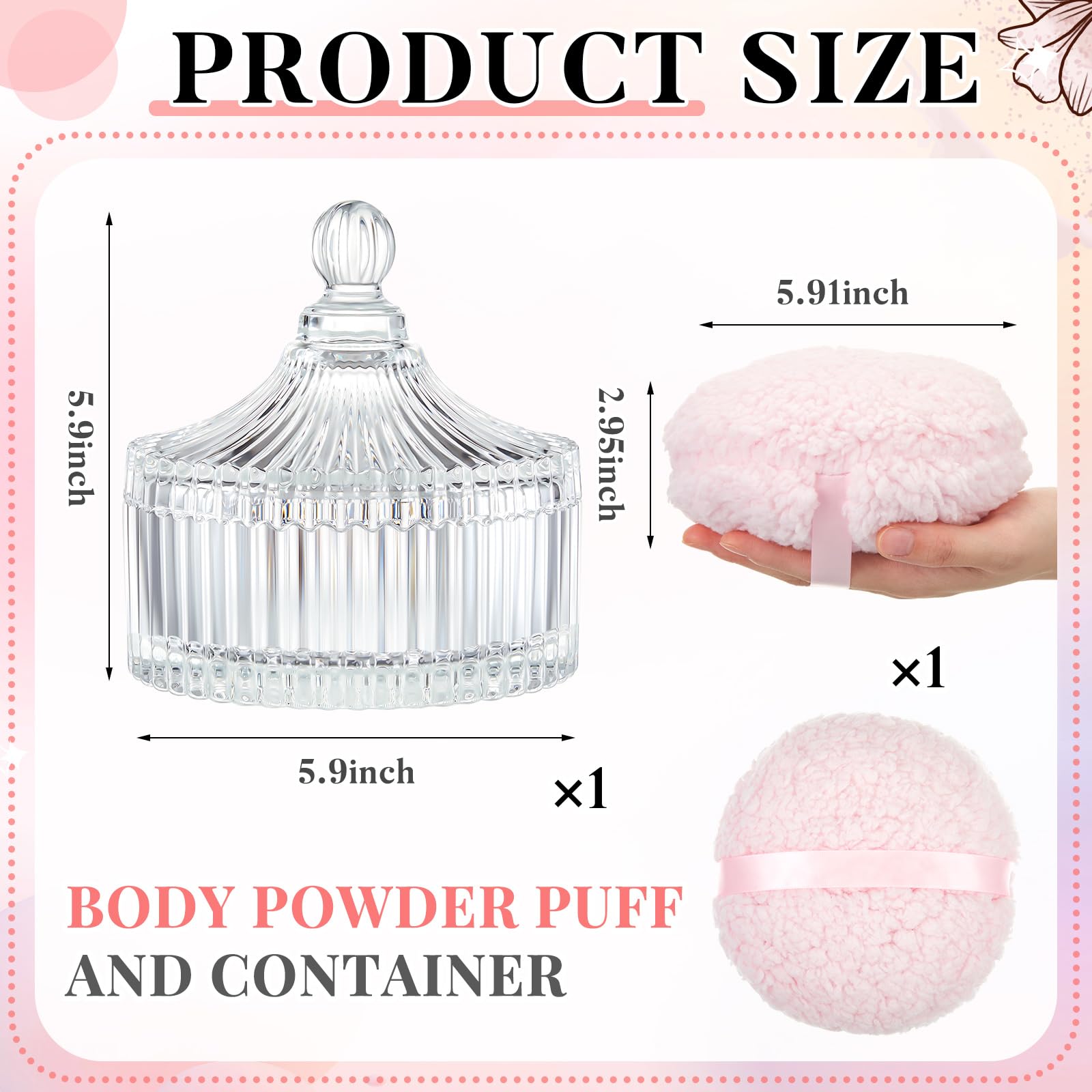Tioncy 2 Pcs Extra Large Dusting Powder Puff and Container for Women-6'' Glass Crystal Dusting Powder Container with Body Soft Washable Reusable Velour Face(Clear,Classic)