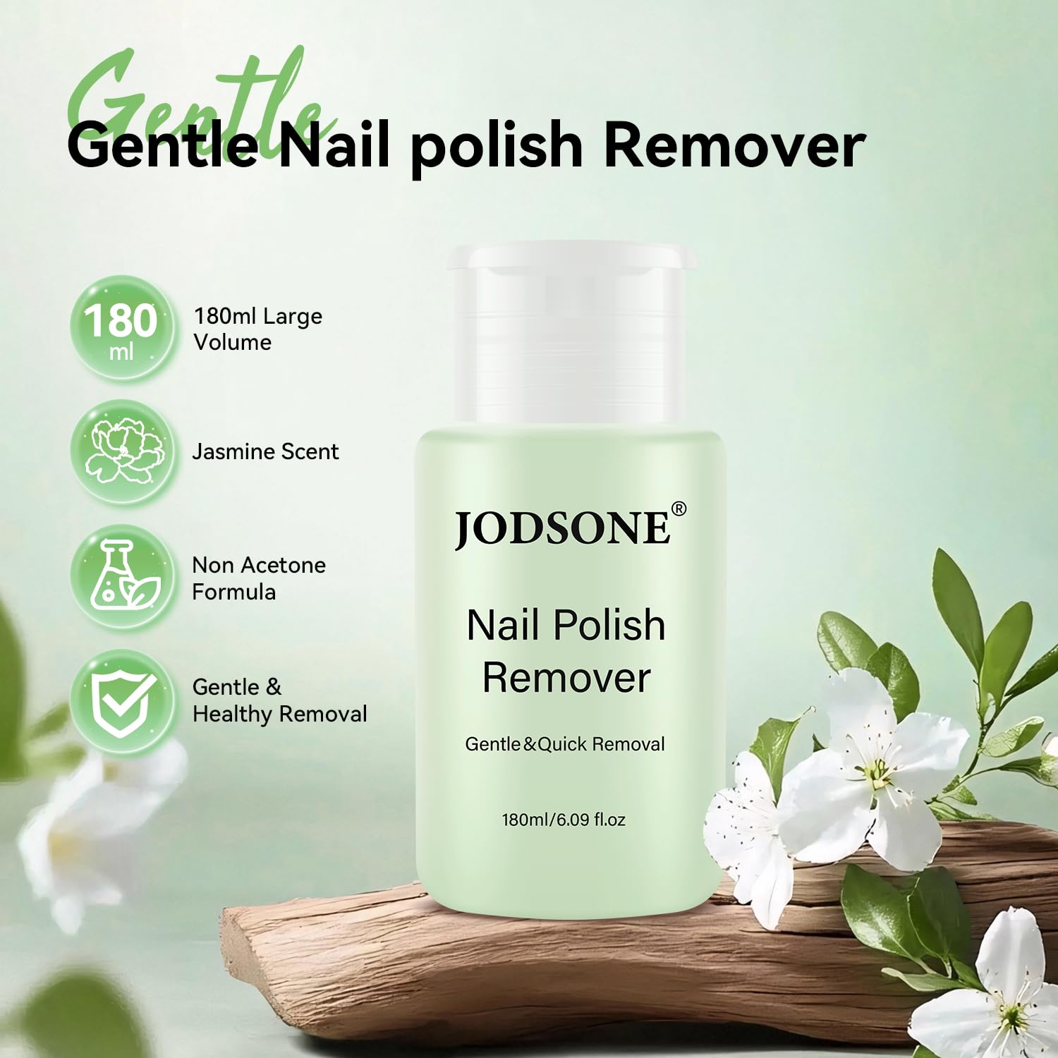 JODSONE Nail Polish Remover, 6.09 Fl.Oz Jasmine Scent Non-Acetone Nail Polish Remover,Gentle & Nail-friendly with Vitamin E & Aloe,Push-down Pump,Easy Daily Removal for Regular Nail Polish