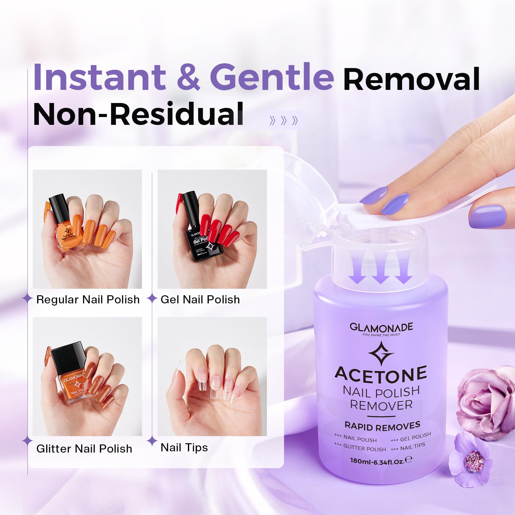 Glamonade Acetone Nail Polish Remover: Gel Polish Remover for Removal of Regular Nail Polish/Gel/Nail Tips/Glitter Polish | Grape Scent Gel Nail Polish Remover with Easy Push-Down Pump(6.34 Fl Oz)