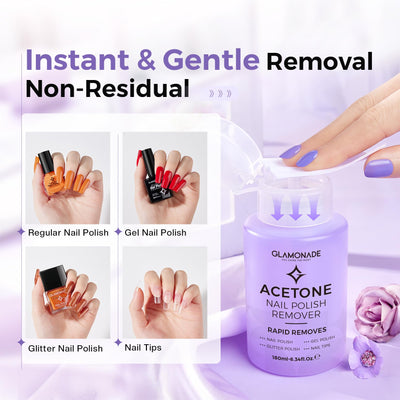 Glamonade Acetone Nail Polish Remover: Gel Polish Remover for Removal of Regular Nail Polish/Gel/Nail Tips/Glitter Polish | Grape Scent Gel Nail Polish Remover with Easy Push-Down Pump(6.34 Fl Oz)
