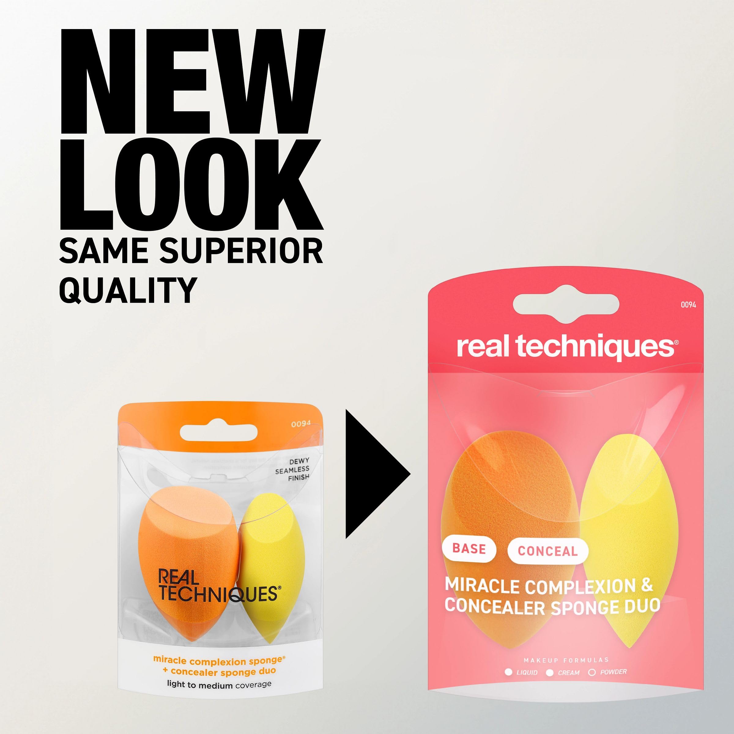 Real Techniques Miracle Complexion Sponge + Concealer Sponge Duo, Makeup Blending Sponges For Foundation & Concealer, Offers Light To Medium Coverage, Natural, Dewy Makeup, Latex-Free Foam 2 Count