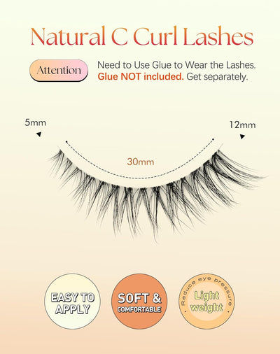Cat Eye Lashes Wispy 12MM Eyelashes Natural Look C Curl Lash Strips with 0.1MM Clear Band 3D Volume False Lashes Pack ChirpyLuna Fake Eyelashes 7 Pair