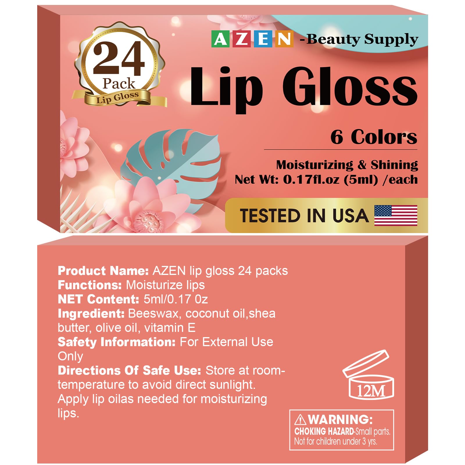 AZEN 24 Pack Lip Gloss Set, Color Lip Oil for Dry Cracked Lips Moisturizing Hydrating Nourishing with Vitamin E, Mothers Day Gifts for Women