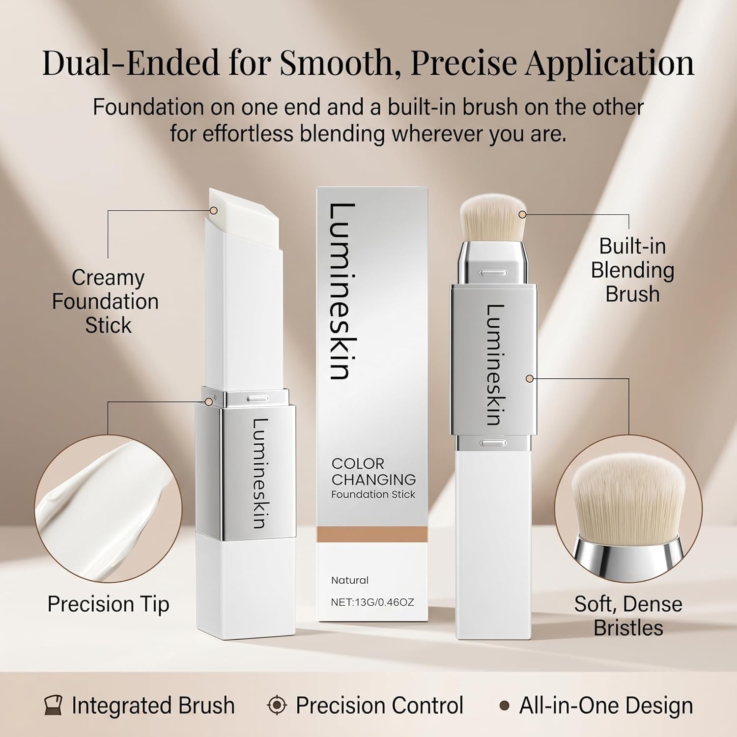Official Lumineskin Cover Cream Stick-V Color Changing Foundation Stick - Hydrating Concealer Base Makeup, Dual-Ended with Built-in Brush, Portable for Daily Use (Natural)