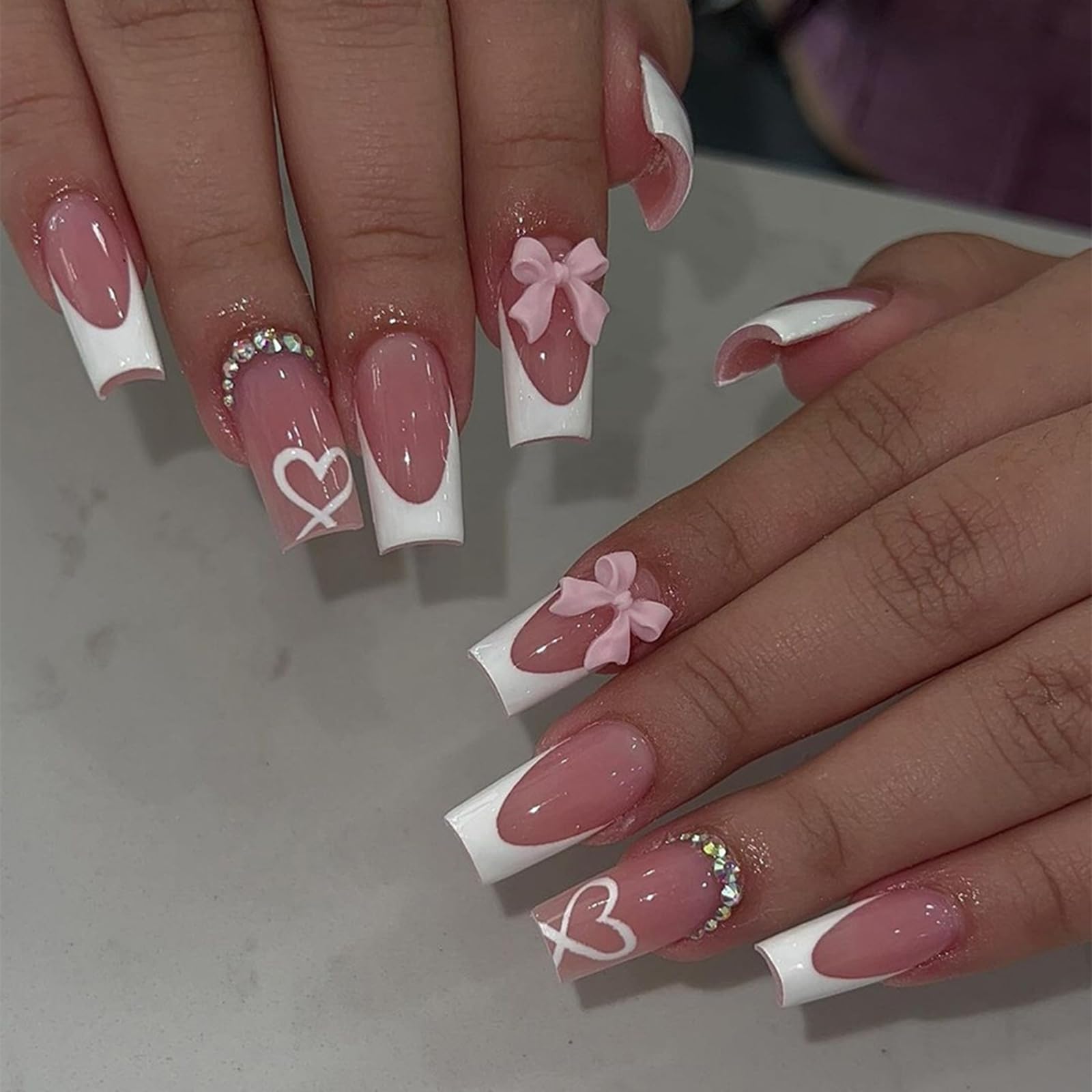 24Pcs Fake Nails With Bows, Elegant False Nail, Aesthetic Long Press On Nails Full Cover French Manicure, Stick On Nail, For Women Girls