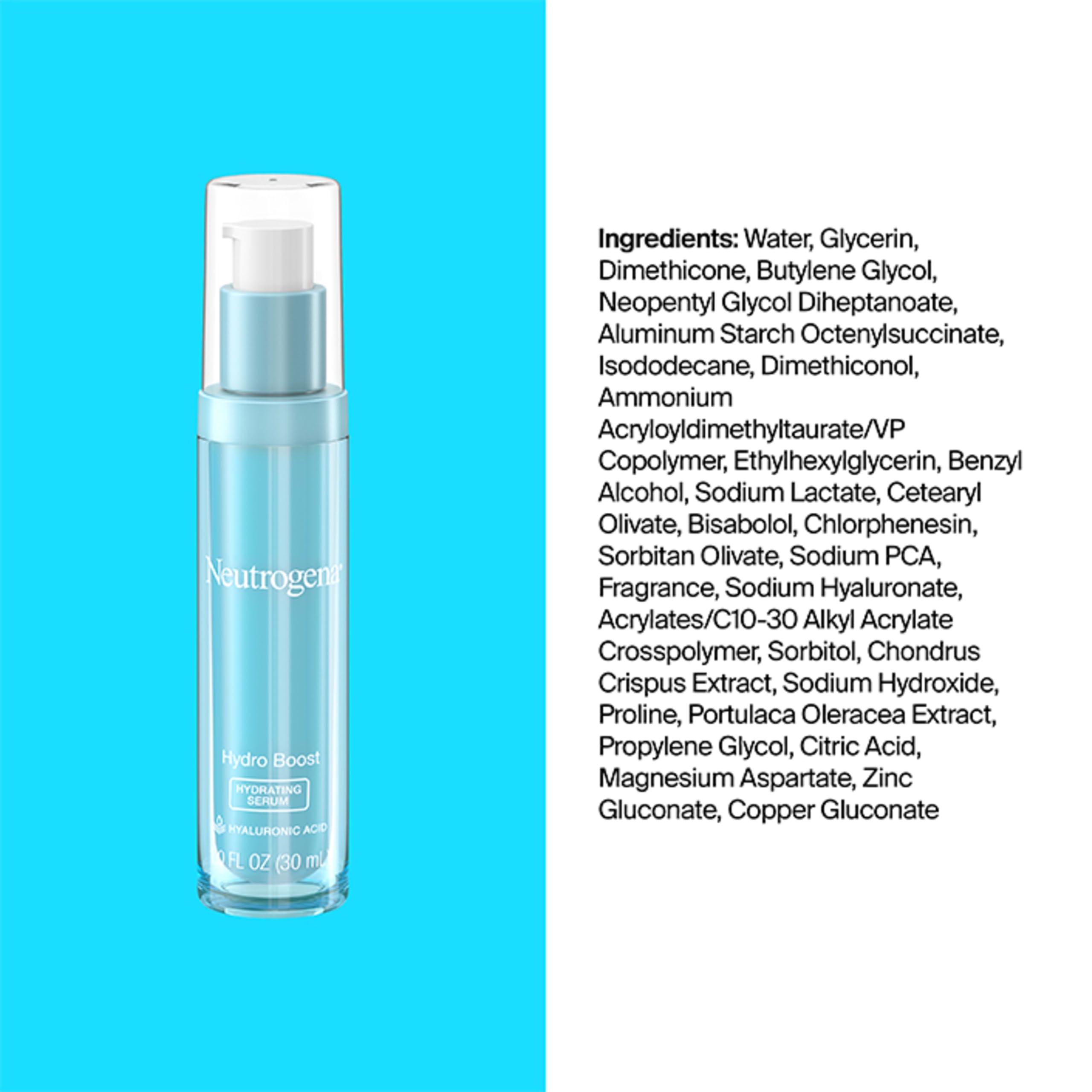 Neutrogena Hydro Boost Hydrating Serum for Face with Purified Hyaluronic Acid Lightweight Oil Free Non Comedogenic Moisturizing Serum for Smooth, Supple Skin, 1.0 fl oz