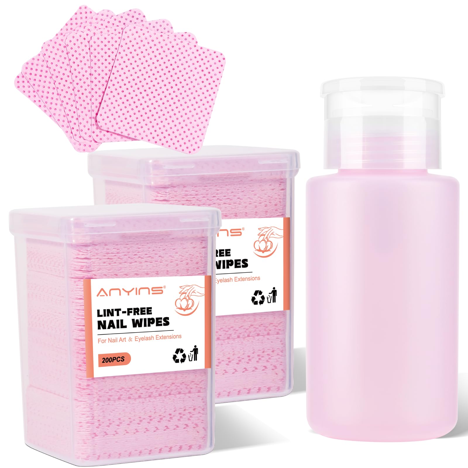 ANYINS 400PCS Lint Free Nail Wipes with Acetone Pump Dispenser, Pink Nail Polish Remover Pads with Dispenser, Eyelash Glue Cleaning Wipe with 180ML Alcohol&Acetone and Polish Remover Pump Bottle Kit