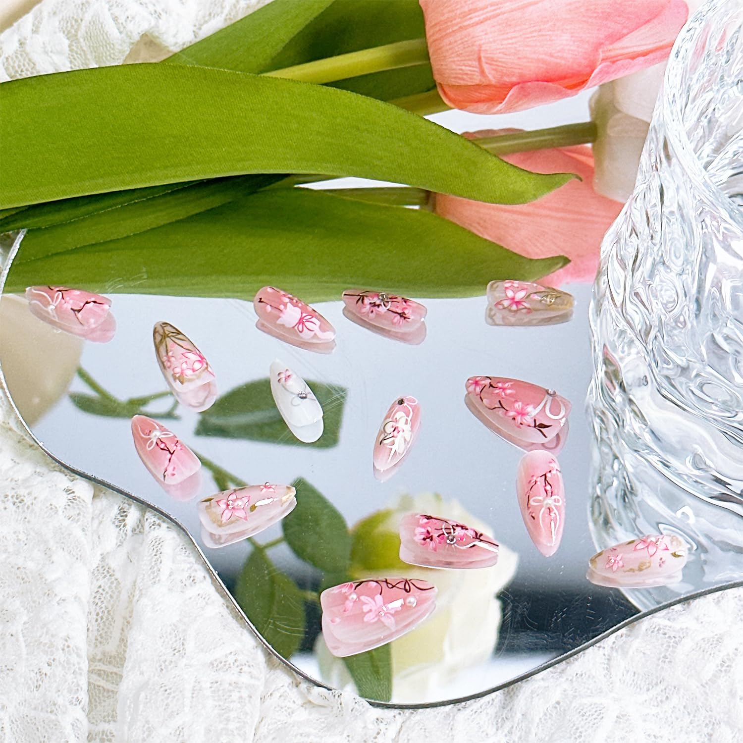 FDSQHSA 30pcs Pink Flower Cute Cat Almond Acrylic Press-On False Nails Kit with Rhinestone Pearl Designs, Bow, Summer Floral Nail Decoration