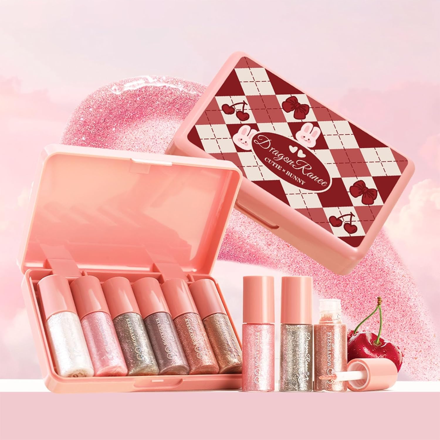 6 Pcs Liquid Glitter Eyeshadow Set Colorful Eyeliner with Long-Lasting and Waterproof Shinning Eye Shadow Gift for Women Eye Makeup (Cherry Rabbit)