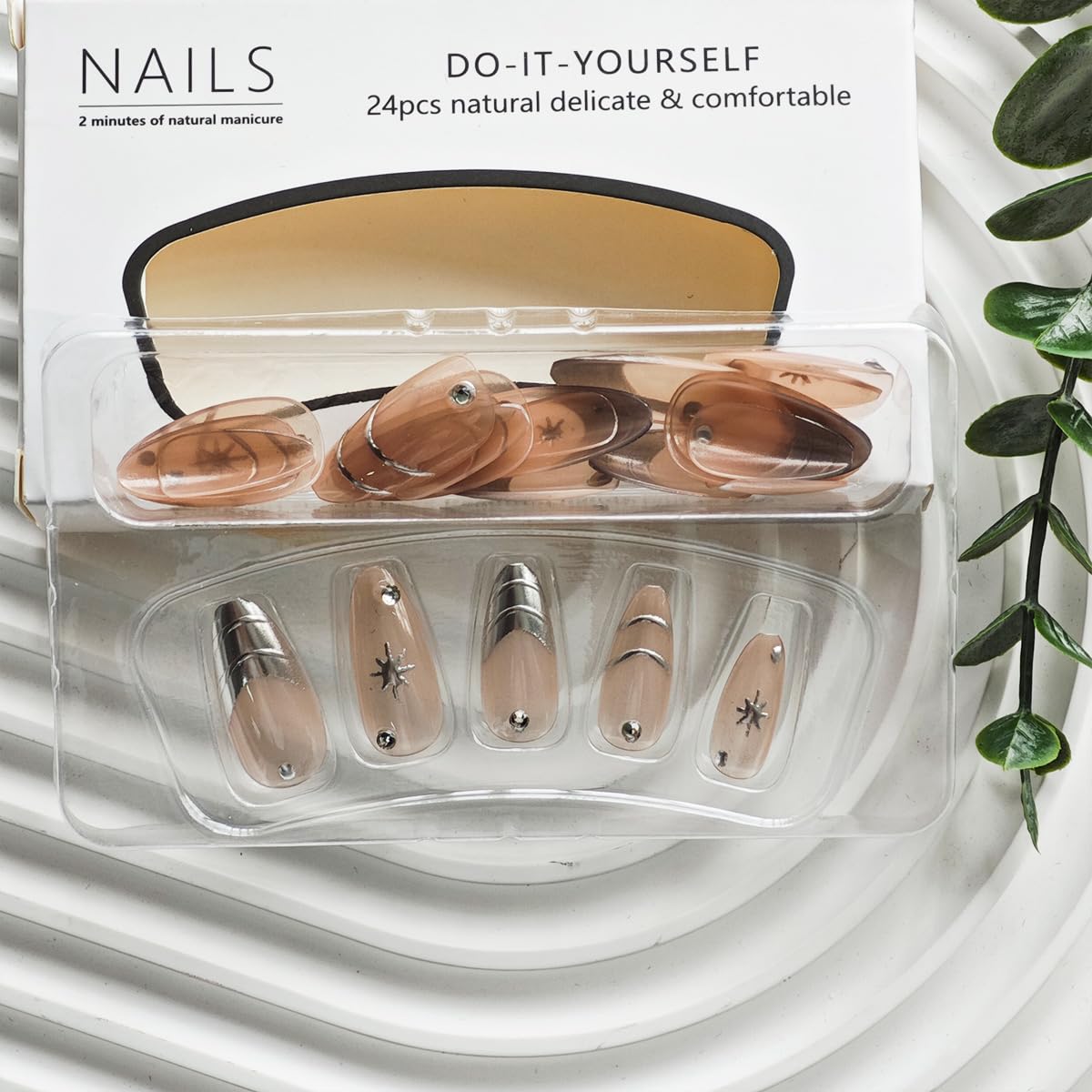 Silver Press on Nails Medium Almond Fake Nails Nude Glossy False Nail with Design Shiny Rhinestone Glue on Nails Reusable Artificial Acrylic Full Cover Star Stick on Nail for Women Manicure 24Pcs