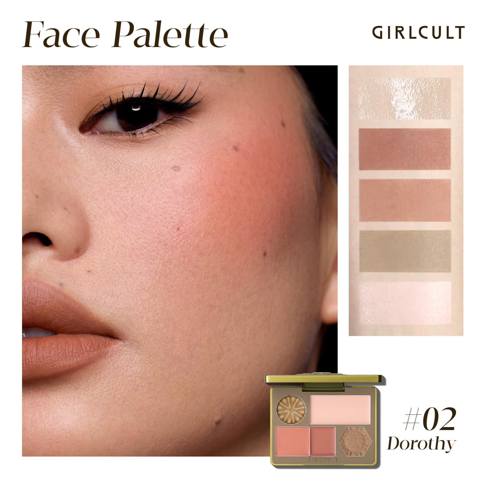 GIRLCULT Face Makeup Palette, Cream Makeup Palette with Blush, Contour & Highlighter Makeup, Hydrating Formula for Dewy Glow, 5-in-1 Face Palette for Fair Skin (#02 Dorothy)