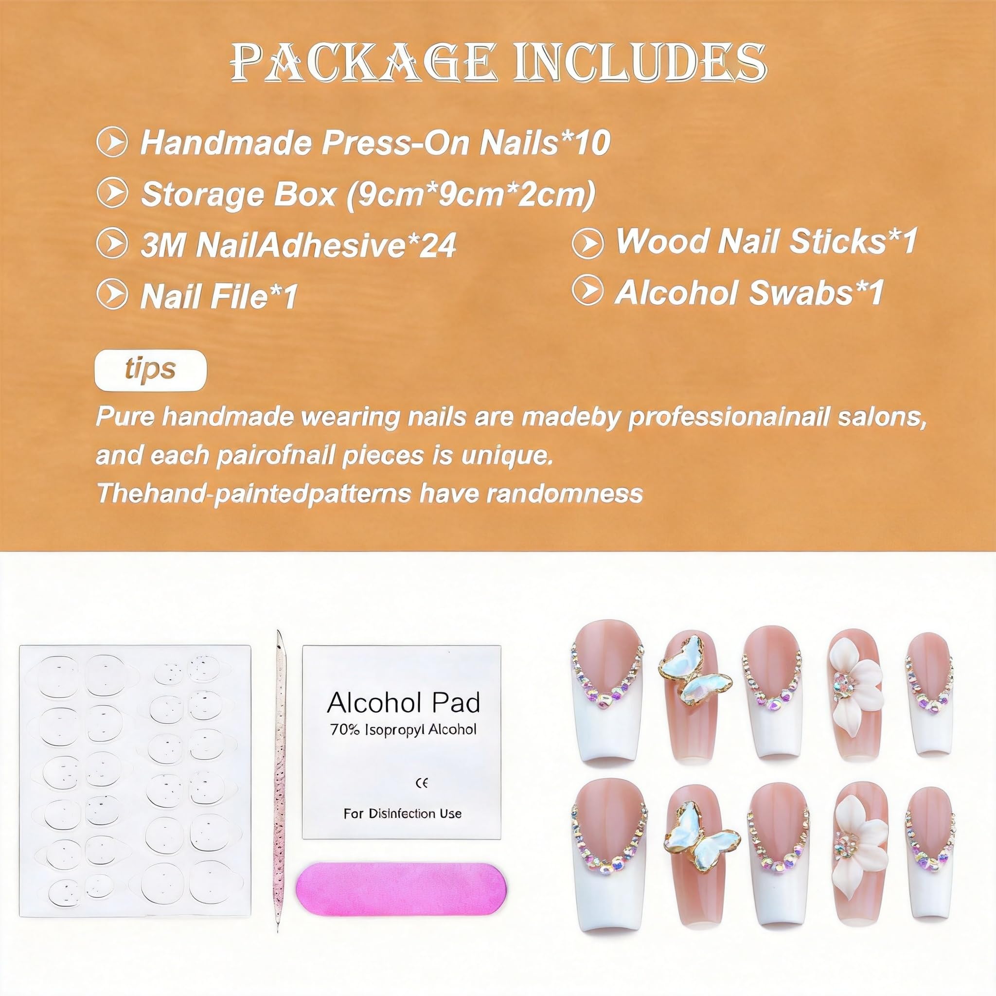 Luxury Handmade Press on Nails - Long Square White French Tips Press on Nai,l with Almond 3D Rhinestones, Flowers & Butterflies, Acrylic Multi-Layer Gel False Nails for Women (10Pcs) S SIZE