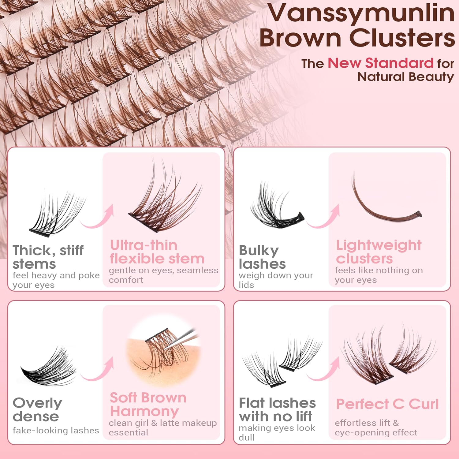 Brown Wispy Lash Clusters Kit Natural Eyelashes Clusters Kit Cluster Eyelash Extensions 10-16mm C Curl Cluster Lashes DIY Eyelash Clusters Waterproof Individual Lash Extension Kit with Brush