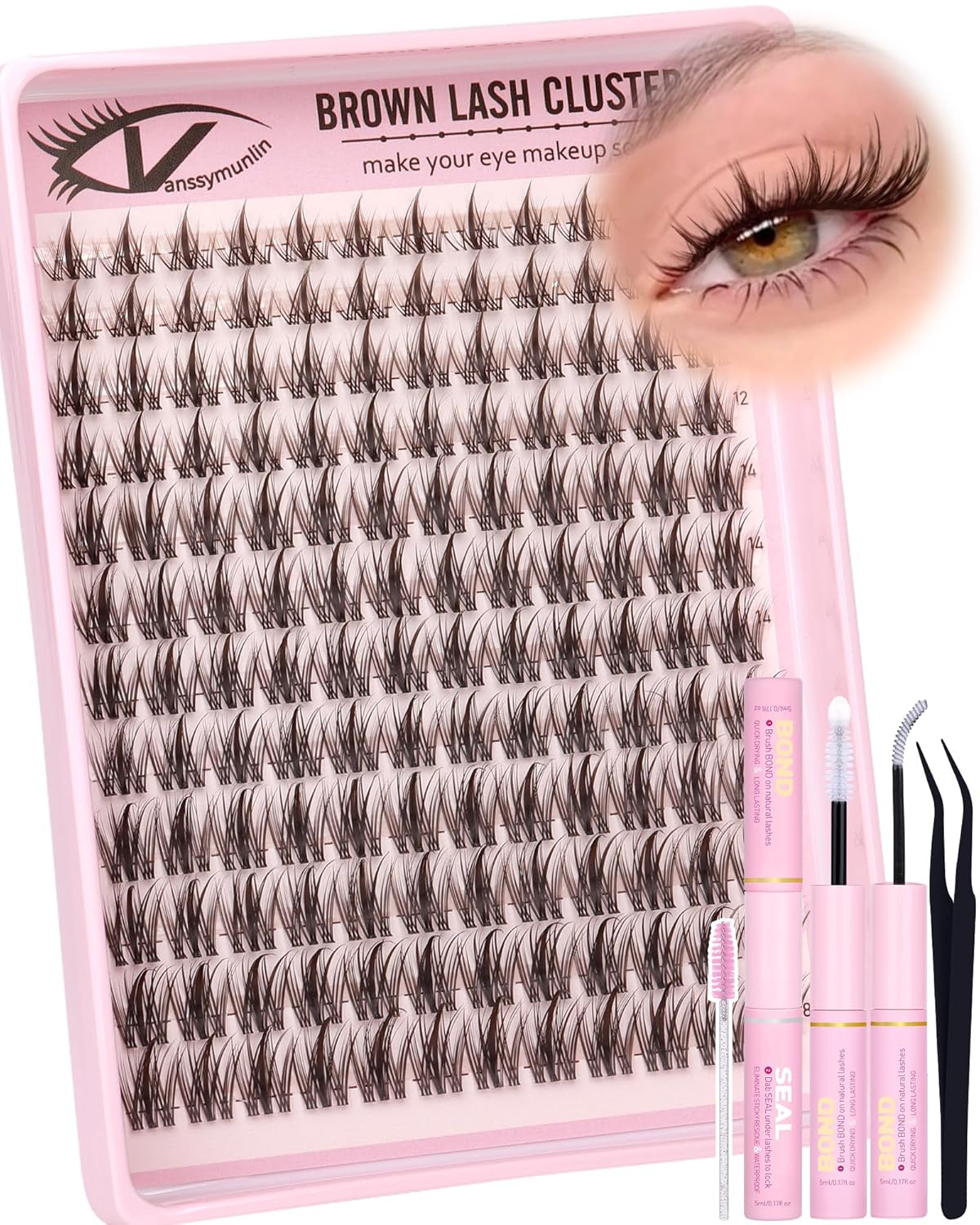 Brown Wispy Lash Clusters Kit Natural Eyelashes Clusters Kit Cluster Eyelash Extensions 10-16mm C Curl Cluster Lashes DIY Eyelash Clusters Waterproof Individual Lash Extension Kit with Brush