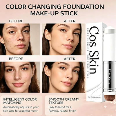 2-in-1 Color Changing Foundation Stick with Brush, Cover Cream Stick Foundation, Moisturizing Long-Lasting Hydration Makeup, Light Coverage Concealer – for All Skin Types (18g)