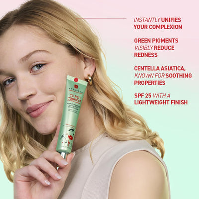 Erborian CC Red Color Correcting SPF 25 Green Pigment Cream, Neutralizes Redness, Calms Skin, Lightweight, Tone‑Perfecting Primer, Korean Skincare