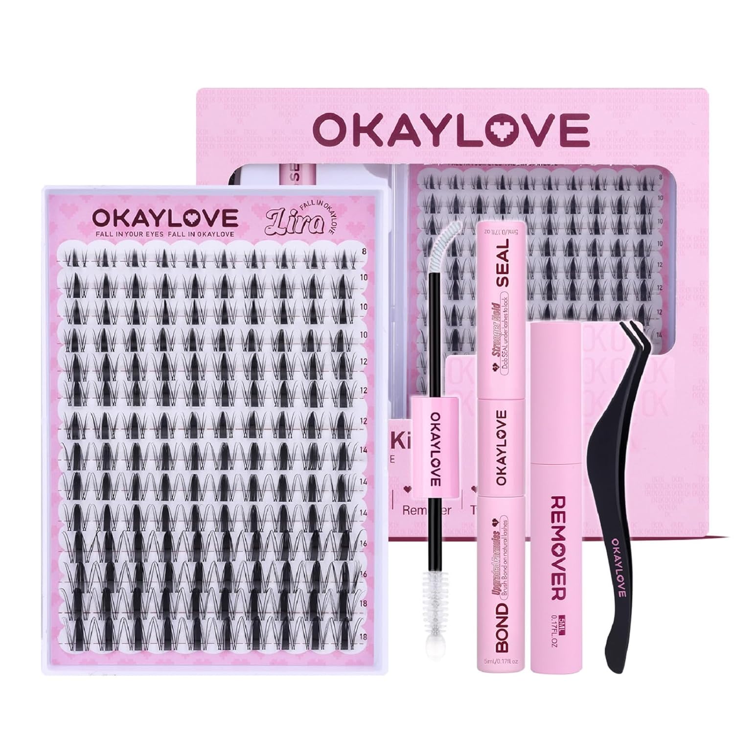 OKAYLOVE Manga Lash Clusters with Spikes, LIRA 8-18mm DIY Cluster Eyelash Extensions Kit, 140pcs CC Curl Clear Band Individual Lashes with Lash Bond and Seal, Remover, Lash Tweezers