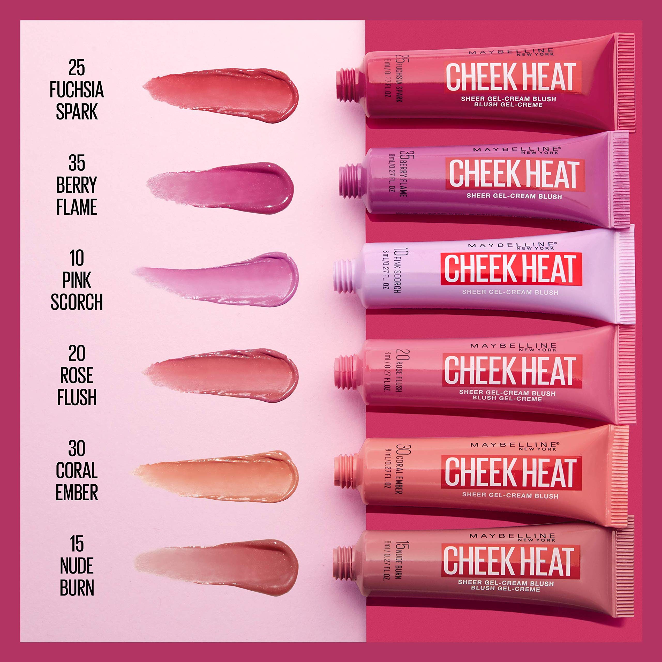 Maybelline Cheek Heat Gel-Cream Blush Makeup, lightweight, Breathable Feel, Sheer Flush Of Color, Natural-Looking, Dewy Finish, Oil-Free, Rose Flush, 1 Count