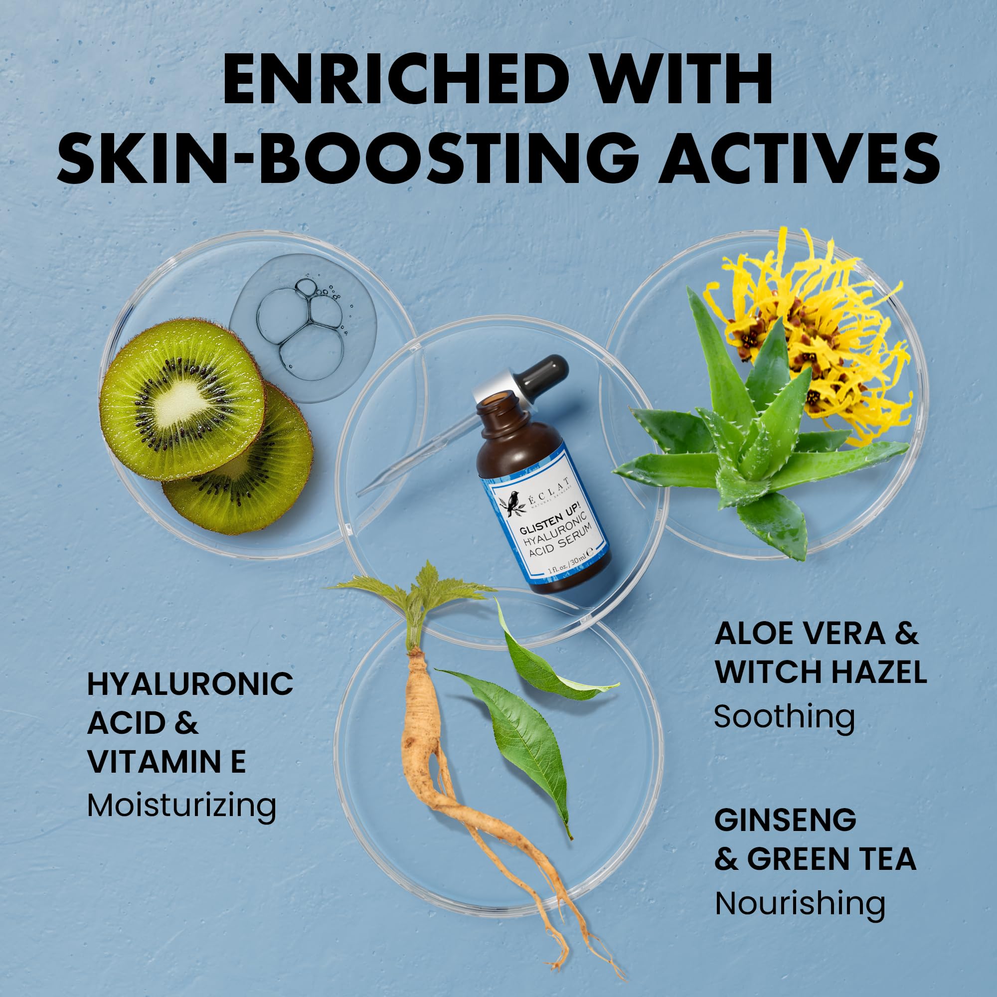 Eclat Skincare Hydrating Hyaluronic Acid Serum for Face – 2.5% Hyaluronic Acid + 3% B5, Green Tea & Jojoba Oil - Moisturizing & Plumping Formula for Radiant & Smoother Skin 1 Fl Oz