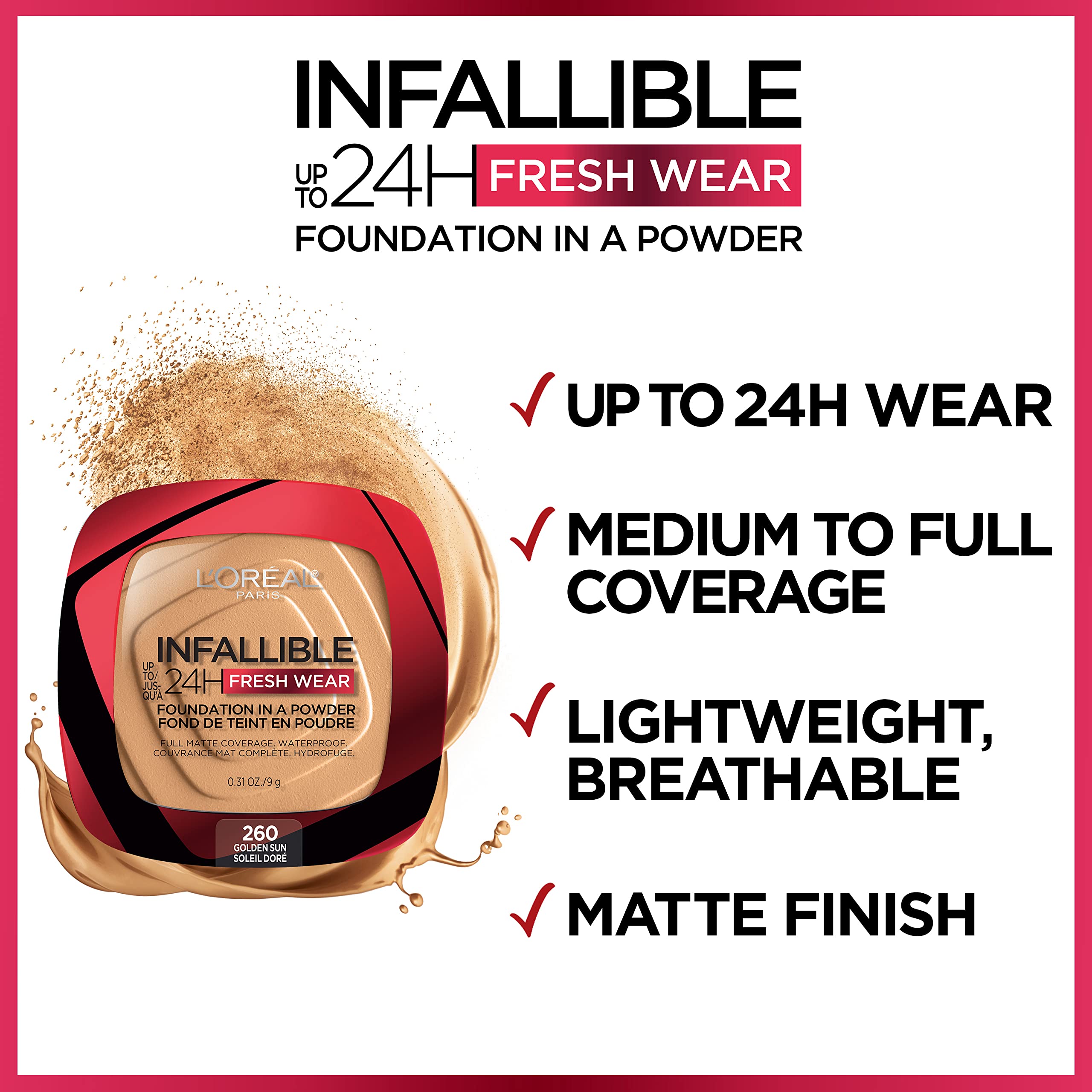 L'Oreal Paris Makeup Infallible Fresh Wear Foundation in a Powder, Up to 24H Wear, Waterproof, Golden Beige, 0.31 oz. (Packaging May Vary)