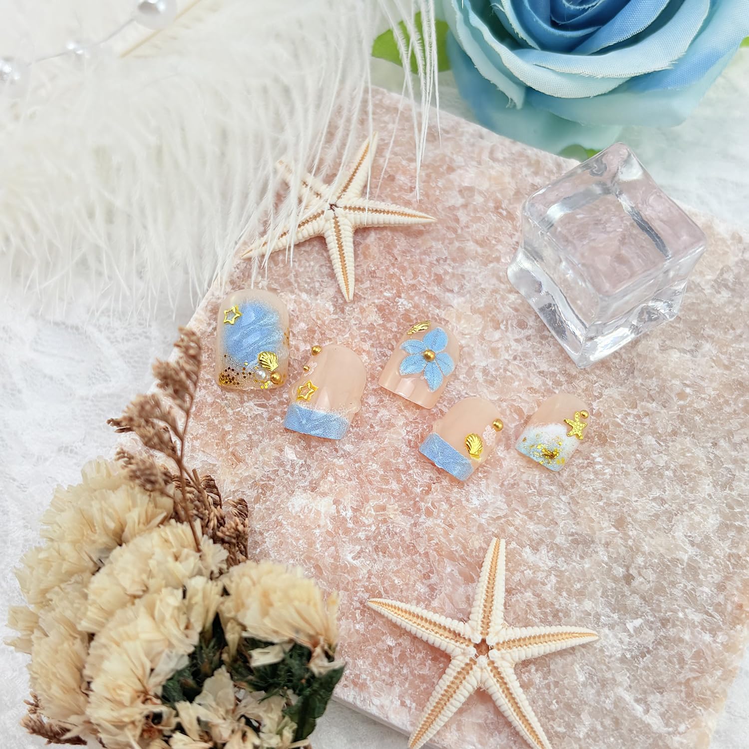 24pcs Blue Press on Nails Short Square French Tip Fake Nails 3D Flower False Nails with Gold Beads Designs Stick on Nails Summer Ocean Shell Starfish Conch Glue on Nails for Women Manicure Decoration