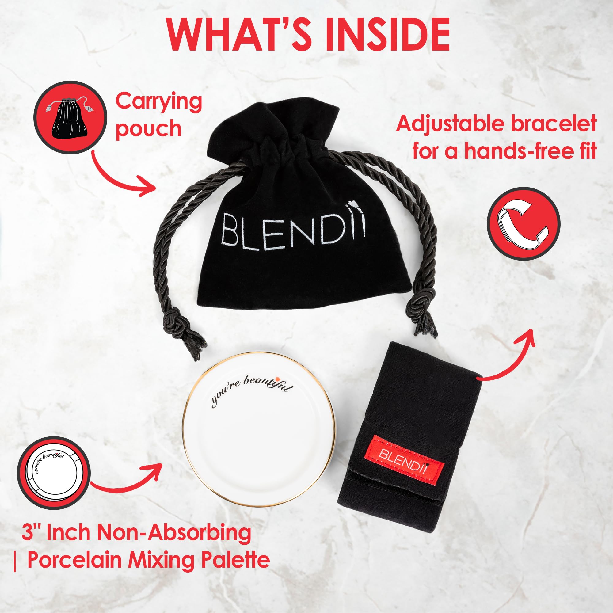 Blendii Makeup Palette Mixer Tray - Hands Free Porcelain Makeup Foundation Palette with Adjustable Hand Strap - Makeup Artist Kit Essentials - 3"
