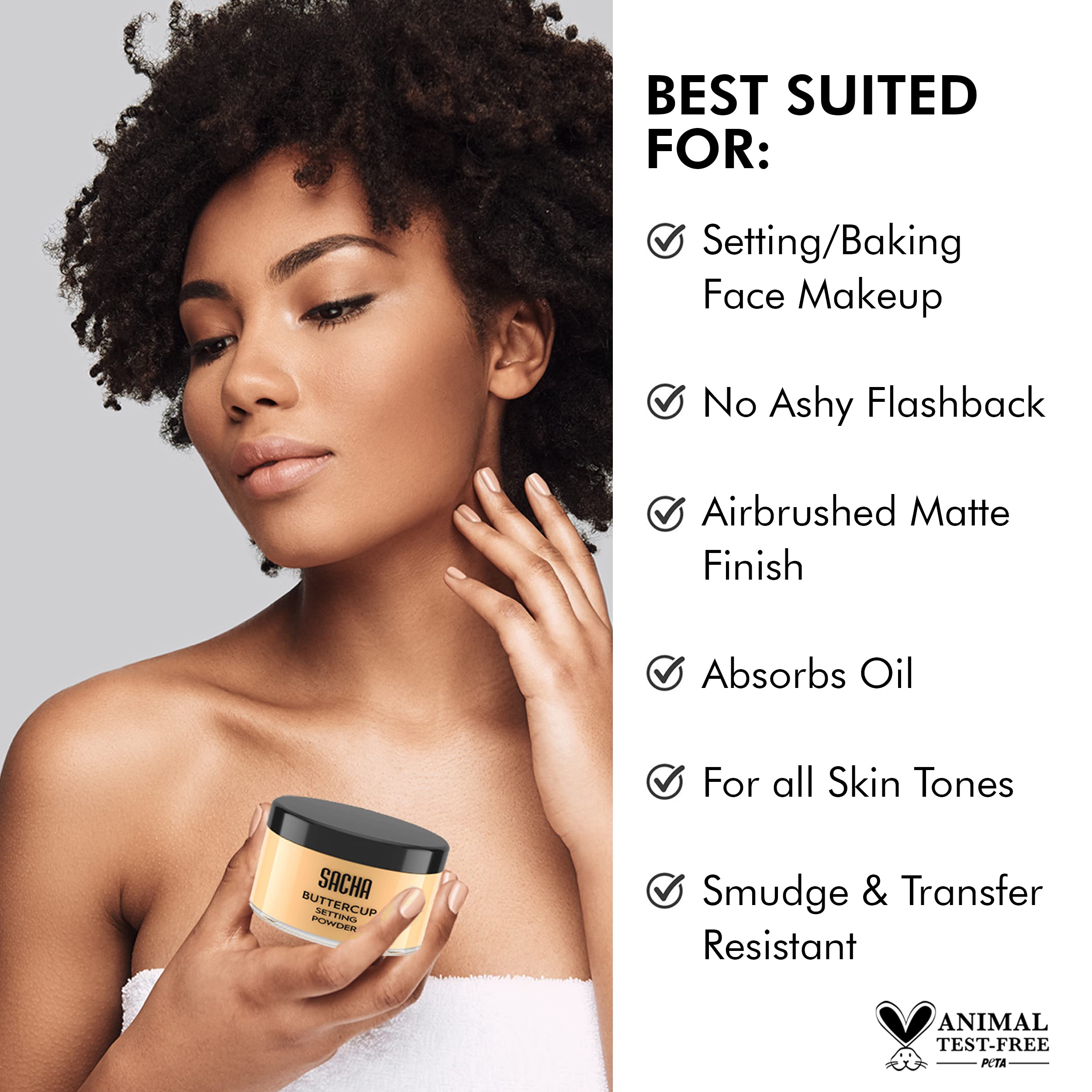 Sacha Buttercup Setting Powder – Medium to Deep Skin Tones Translucent Loose Face Powder, Flashback-Resistant, Oil Control, Long-Wear Matte Finish (1.75 oz)