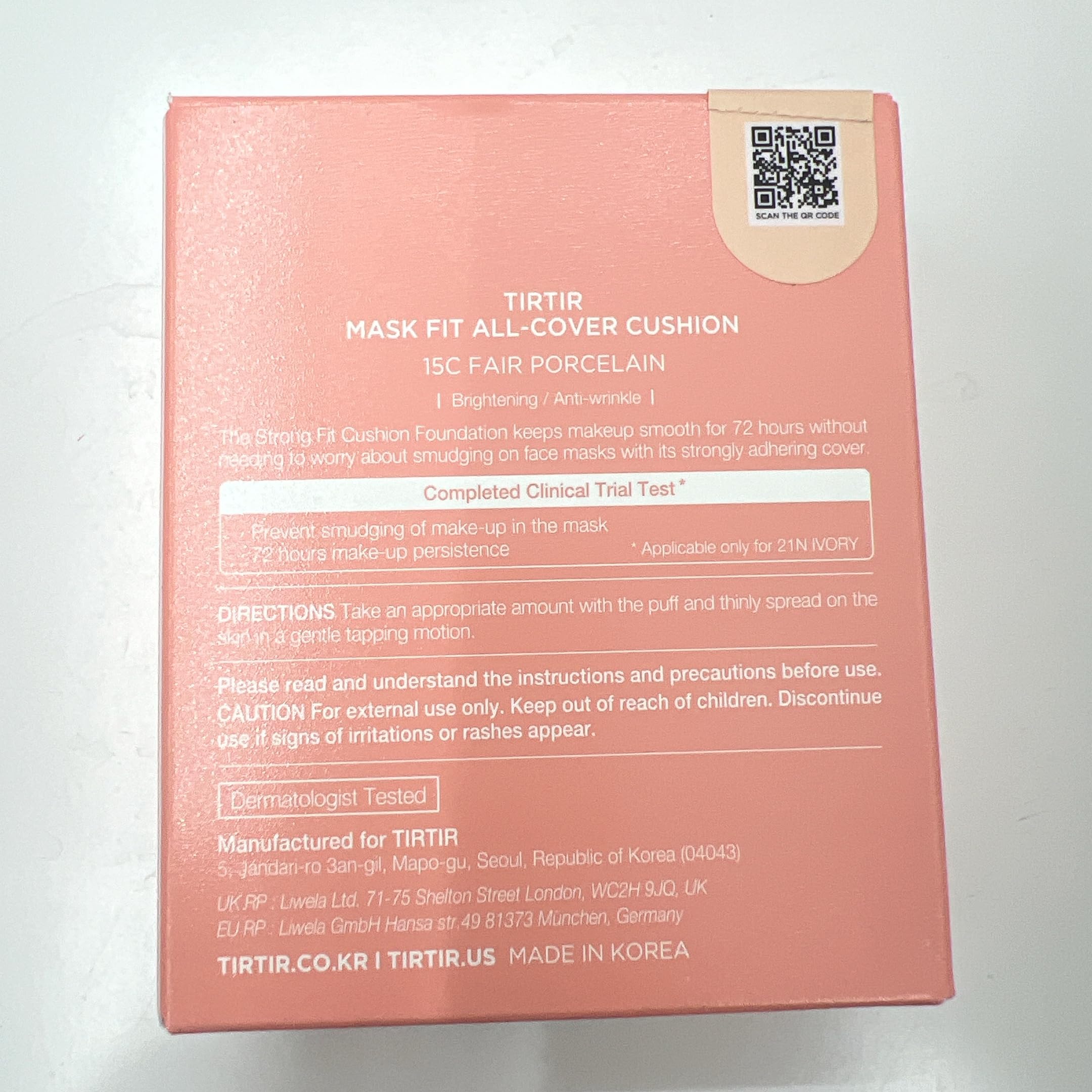 TIRTIR Mask Fit All Cover Pink Cushion Foundation | High coverage, Velvety Matte Finish, Lightweight, Flawless, Corrects Redness, Korean Cushion (#15C Fair Porcelain, Full Size, 0.63 Fl Oz)
