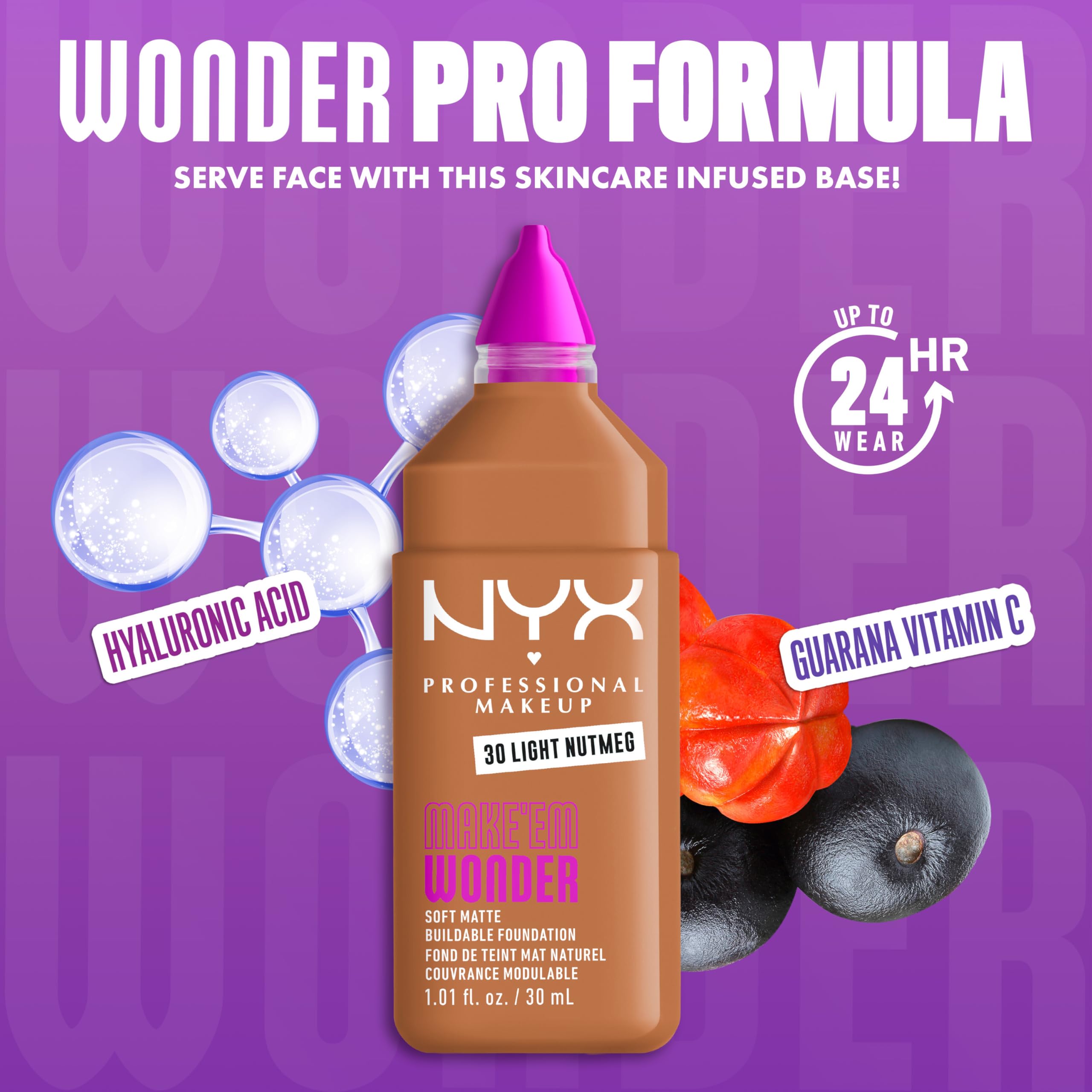 NYX PROFESSIONAL MAKEUP Make 'Em Wonder Liquid Foundation, 24HR Foundation Makeup With A Soft Matte Finish, Buildable Full Coverage - 30 Light Nutmeg
