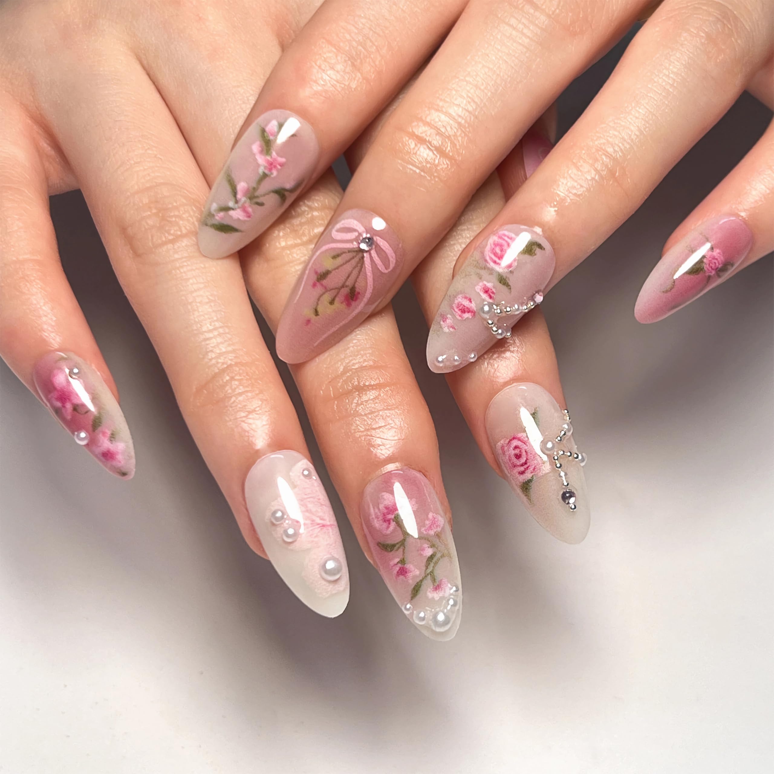 BABALAL Almond Press on Nails Medium Fake Nails Pink Glue on Nails Flower Heart Charm Design Acrylic Nails 24Pcs Coquette Handmade False Nails