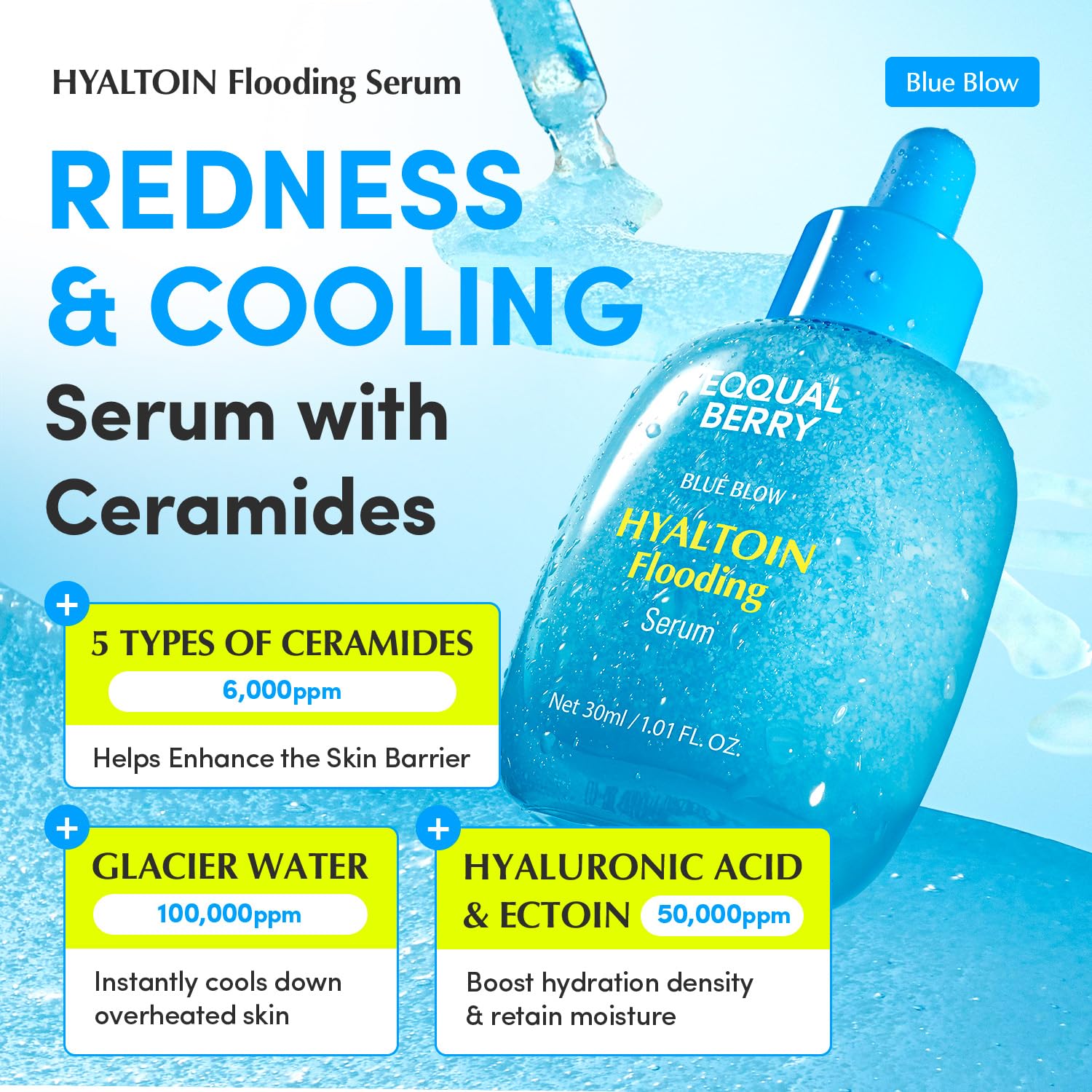 EQQUALBERRY Hyaltoin Flooding Smoothie Serum | 5% Hyaluronic Acid Serum for Face & Redness Relief | Deep Hydrating Cooling Care with 5 Ceramides & Ectoin | Korean Skincare (1.01oz / 30ml)