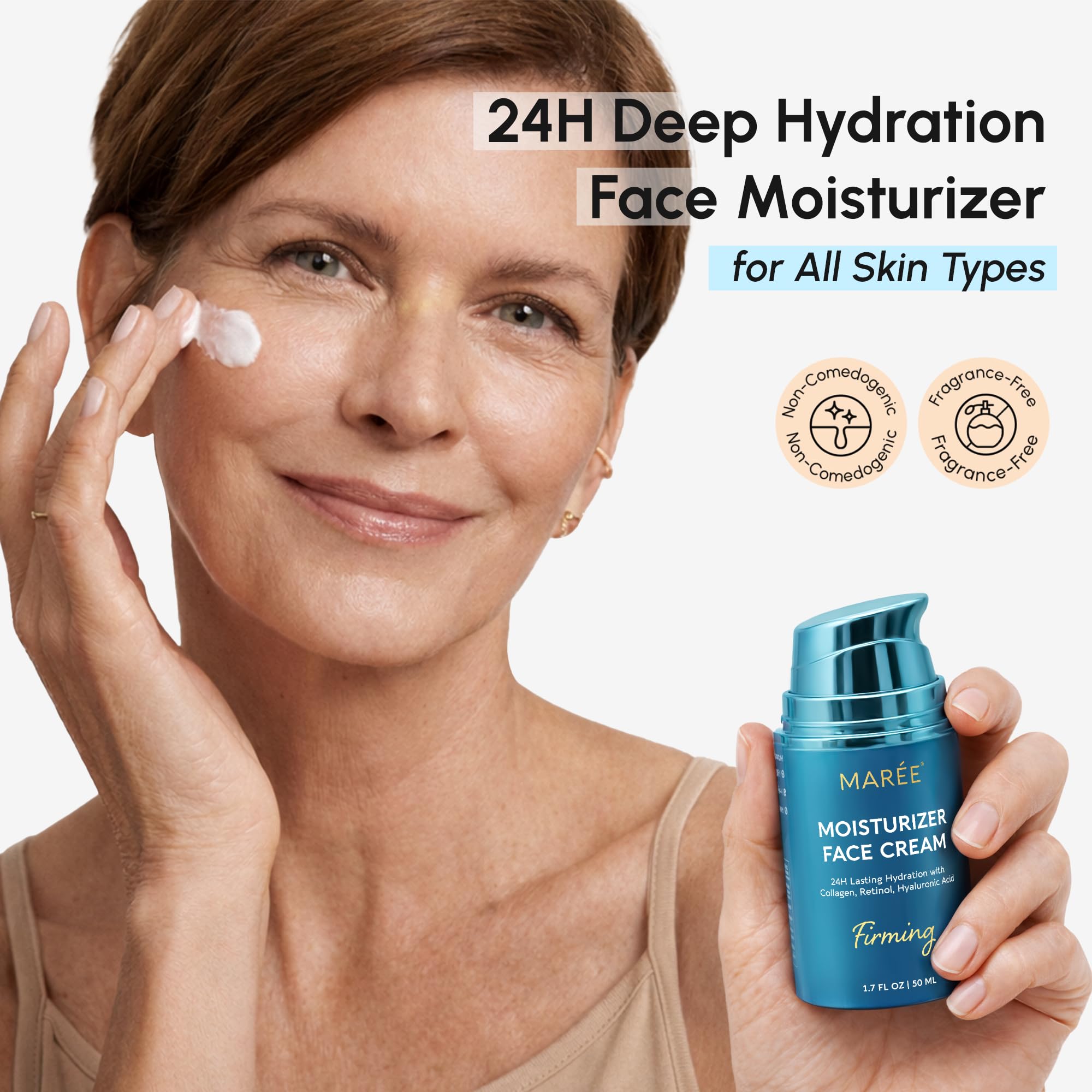 MAREE Face Moisturizer – Firming & Lifting Face Cream for Women with Collagen, Retinol & Hyaluronic Acid – Day & Night Anti-Aging Facial Wrinkle DD Cream Moisturizer for Dry Skin – Crema Para la Cara