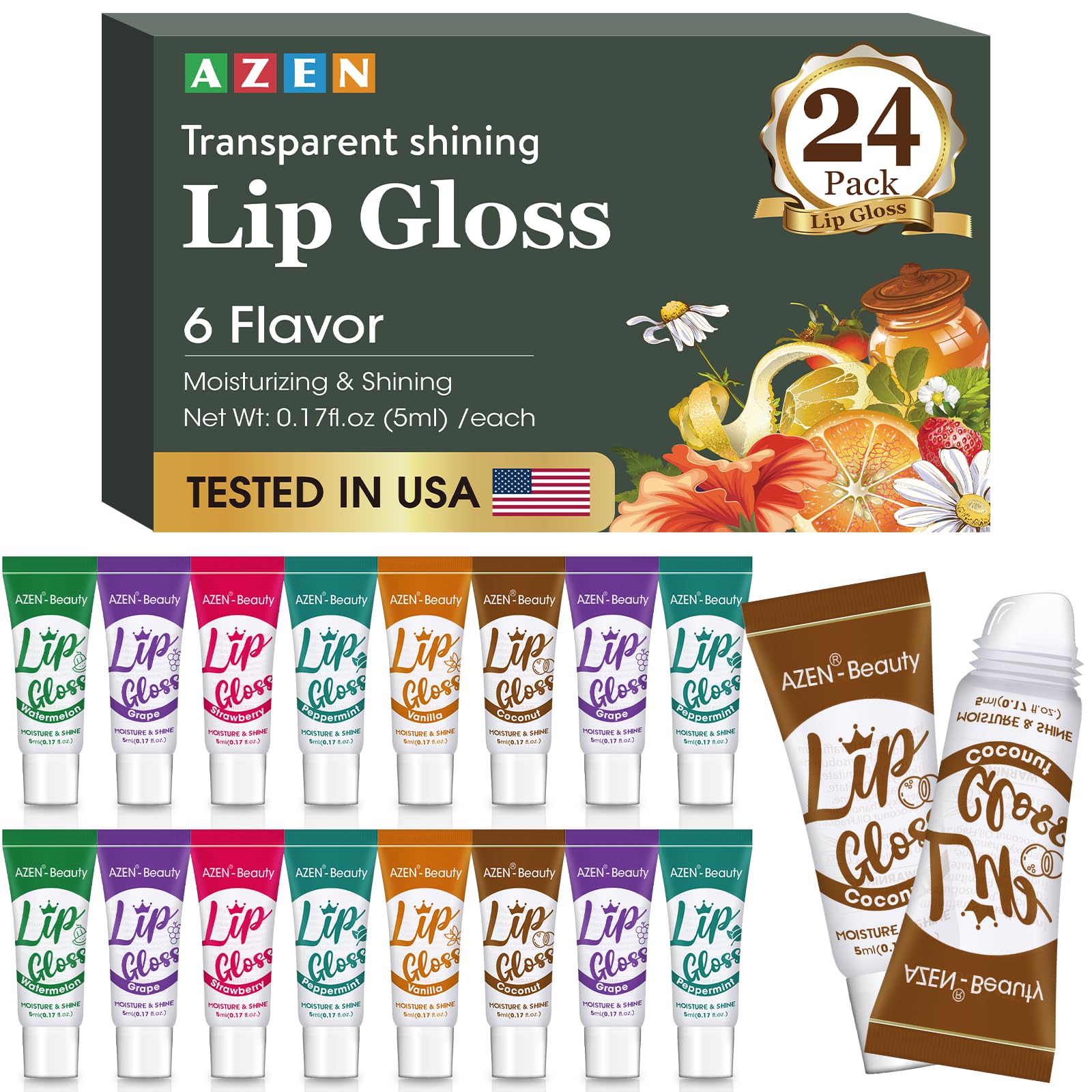 AZEN 24 Pack Lip Gloss Set, Clear Lip Gloss Bulk, Lip Oil for Dry Cracked Lips Moisturizing Hydrating Nourishing with Vitamin E, Mothers Day Gifts for Women