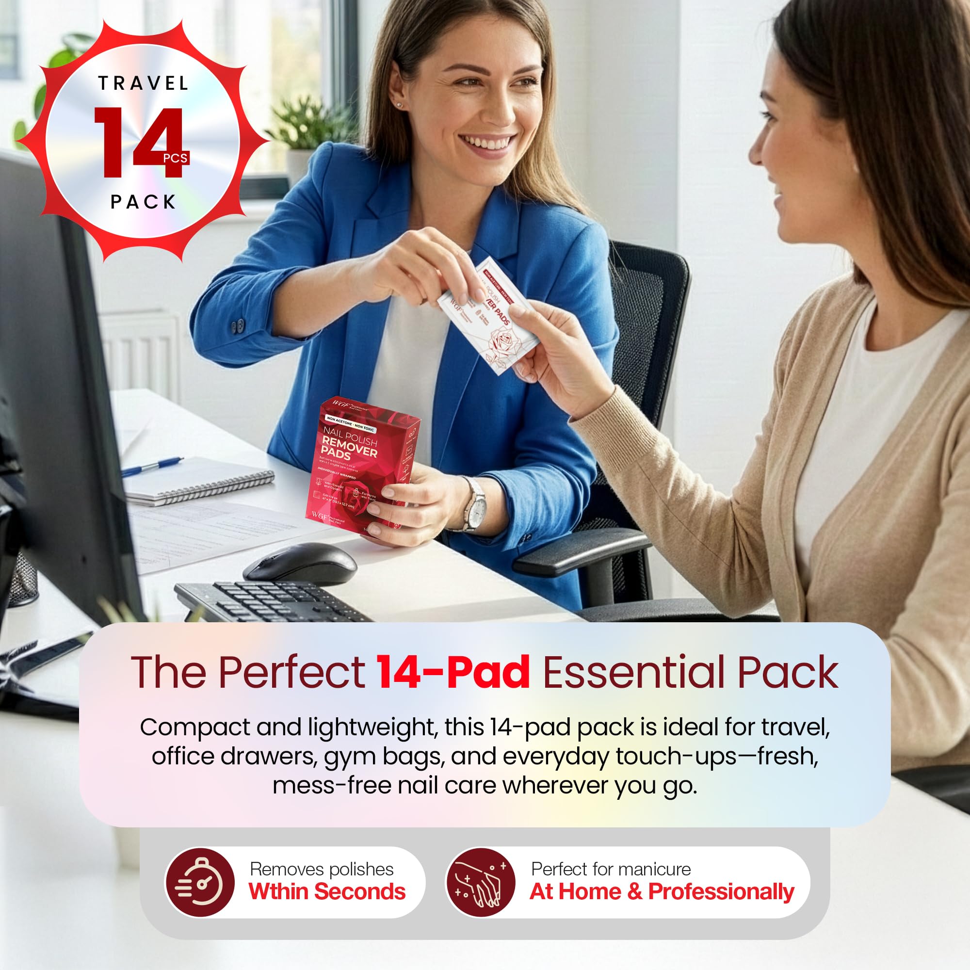 Nail Polish Remover Pads - 14 PCS - 100% Non-Acetone Gentle Formula - Individually Wrapped Wipes - Travel Size Fingernail Remover for Purse & Quick Touch-Ups